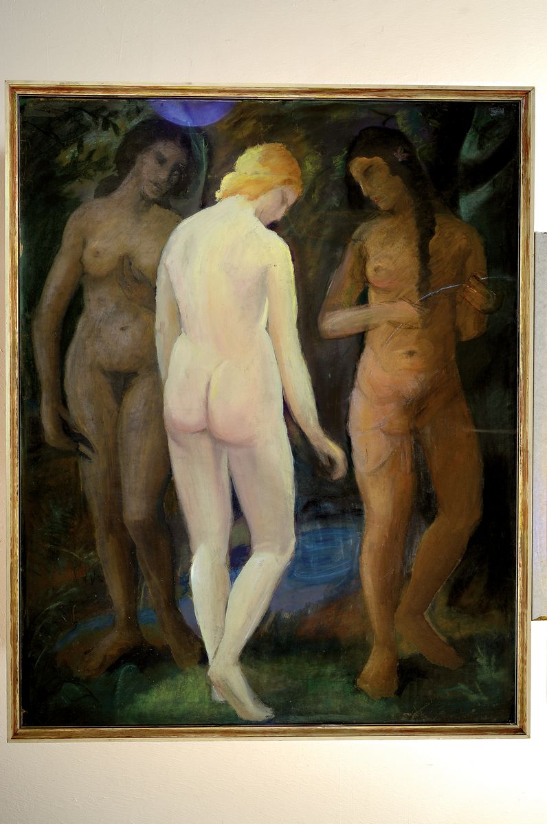 Detail k: Adolf Martin, 1883 Blieskastel-1961 Isny, Studium an der Akademie Karlsruhe bei Schmid-Reutte, hier: Die drei Grazien, drei stehende weibliche Akte ...