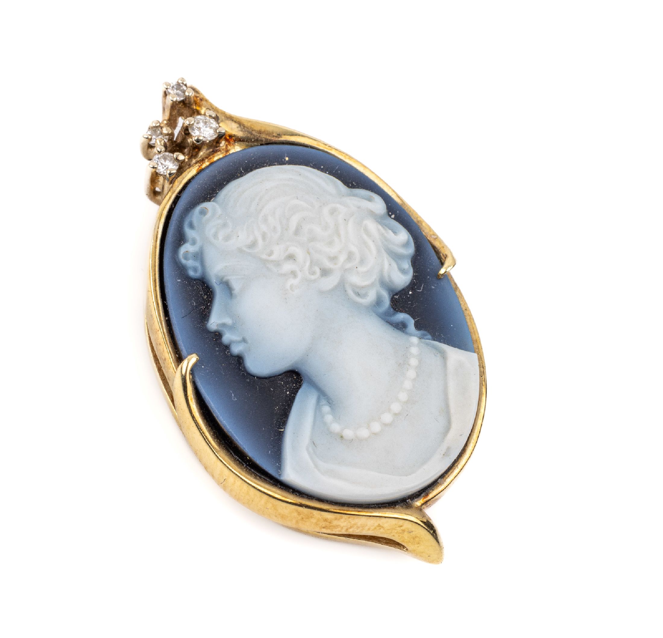 14 kt Gold Anhänger/Brosche mit Lagensteinkamee, GG 585/000, Meistermarke ungedeutet, Lagensteinkamee mit Mädchenportrait, 4 Brillanten zus. ca. ...