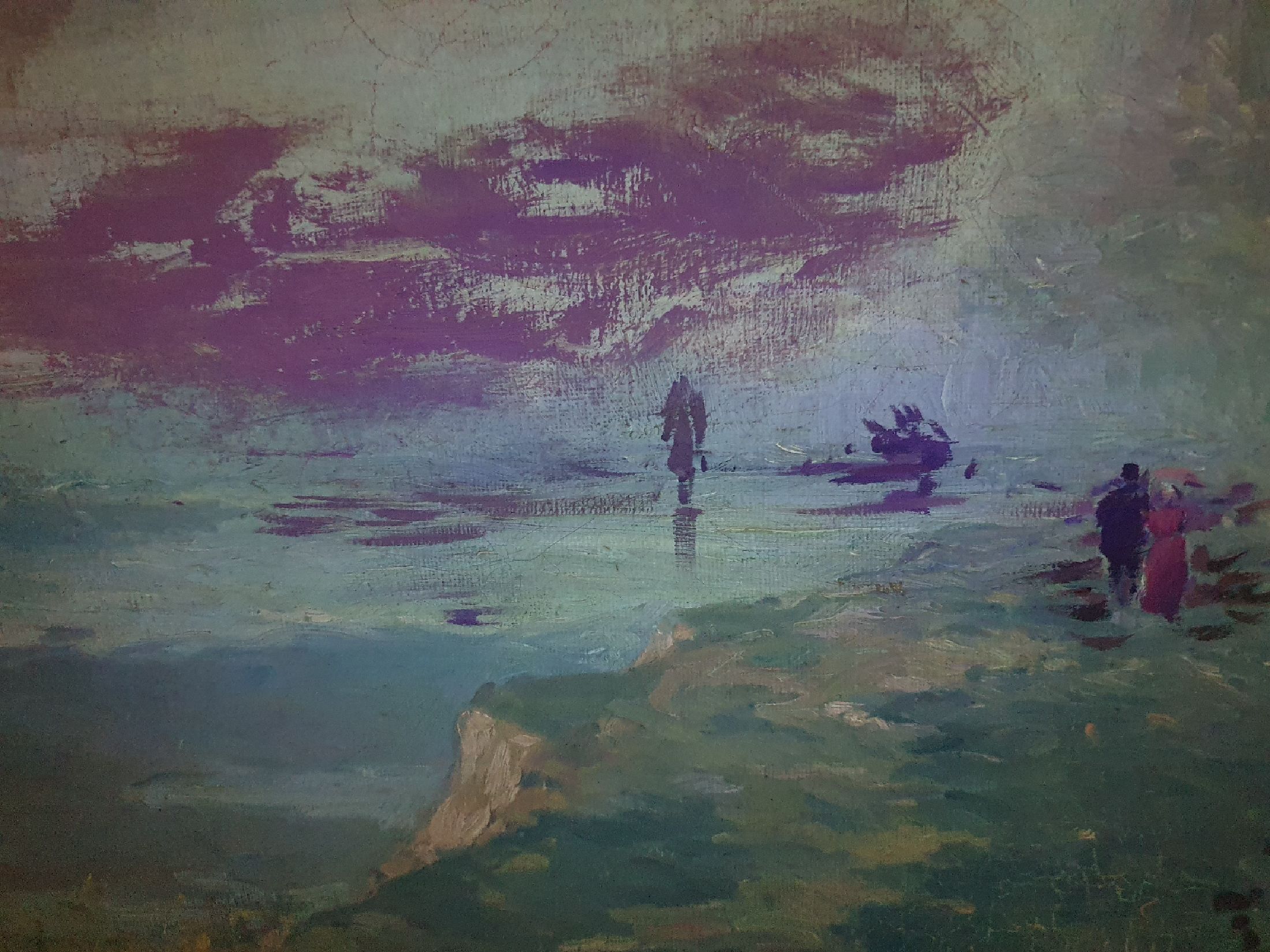 Detail b: C. Lebourg, frz. Künstler um 1900, spazierendes Paar auf einem Küstenweg, Öl/Lwd, rechts unten signiert, impressionistische Malweise, ca. 48x55cm, ...