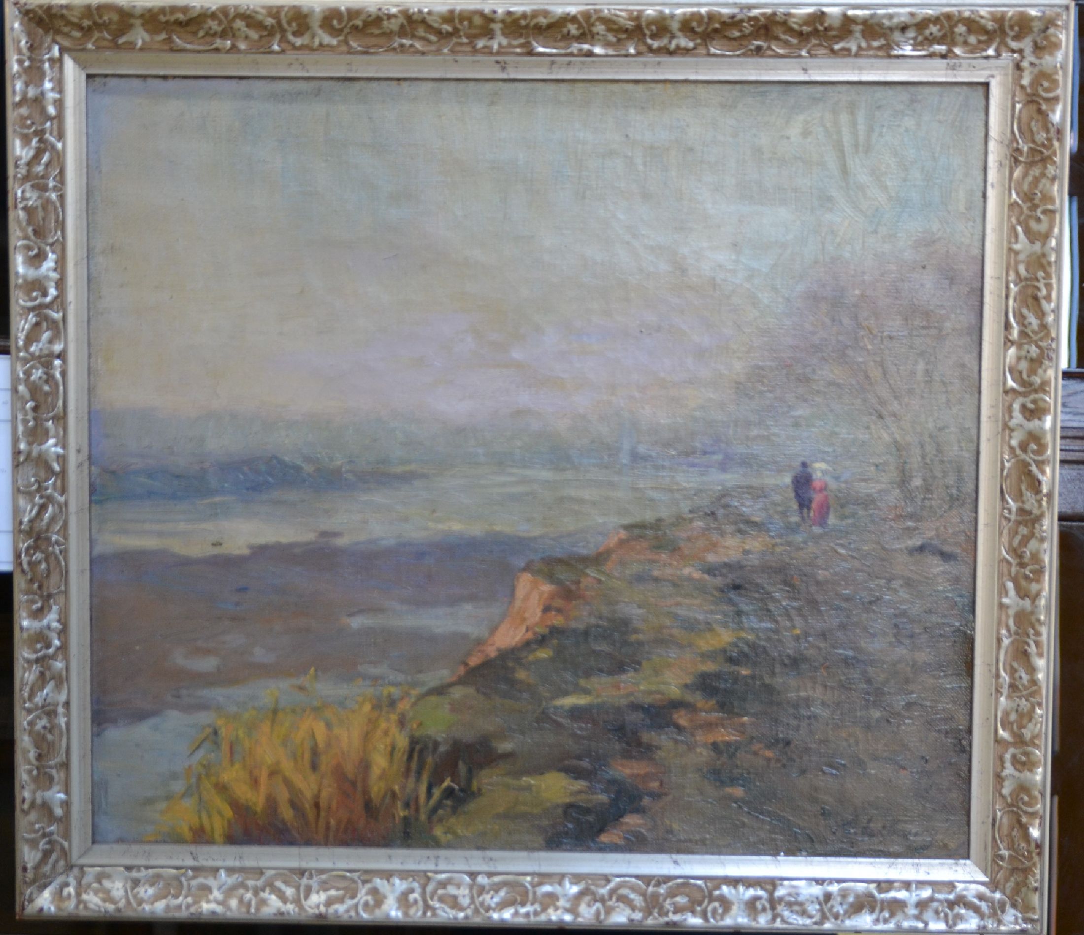 Detail c: C. Lebourg, frz. Künstler um 1900, spazierendes Paar auf einem Küstenweg, Öl/Lwd, rechts unten signiert, impressionistische Malweise, ca. 48x55cm, ...