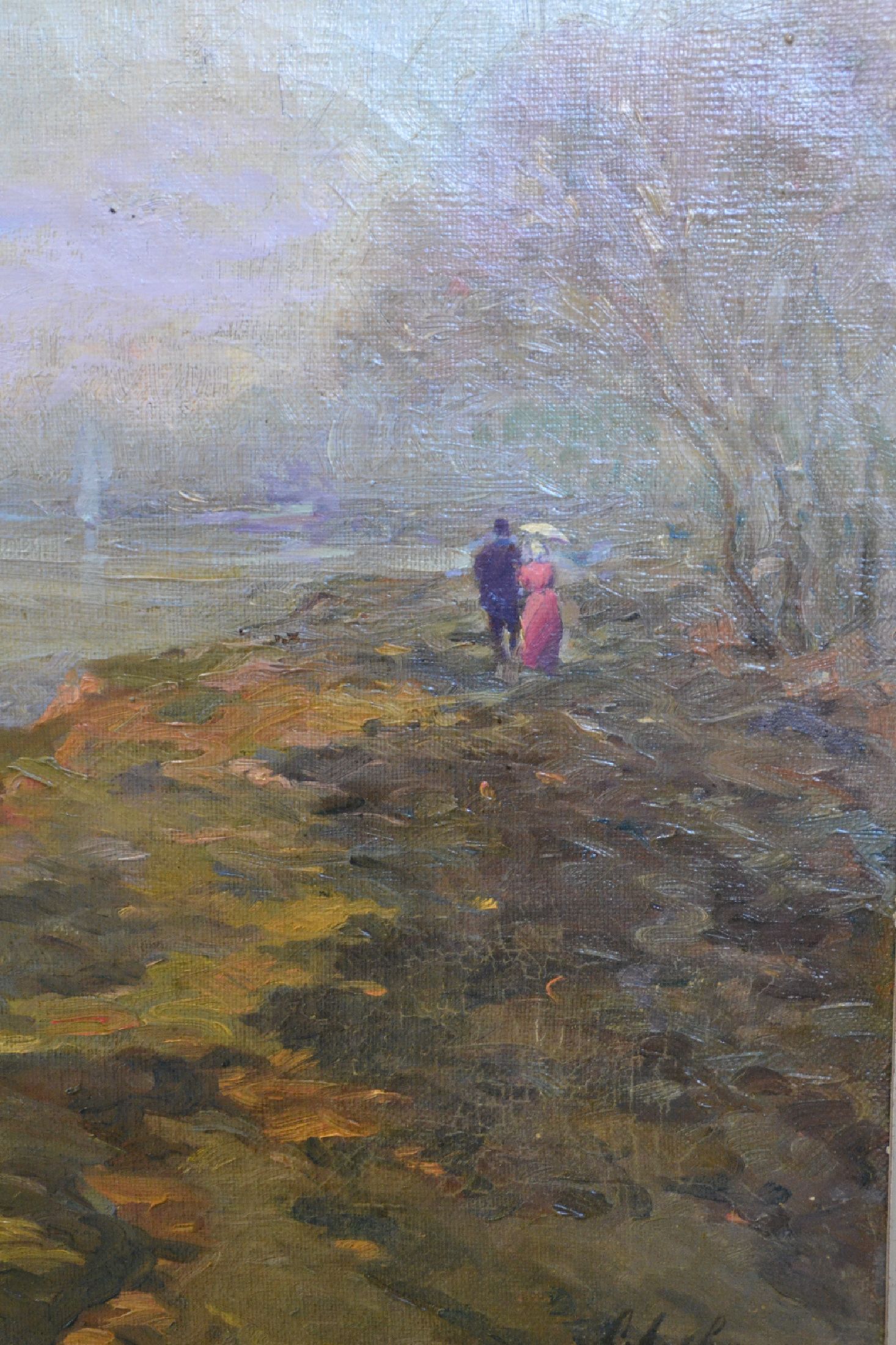 Detail e: C. Lebourg, frz. Künstler um 1900, spazierendes Paar auf einem Küstenweg, Öl/Lwd, rechts unten signiert, impressionistische Malweise, ca. 48x55cm, ...