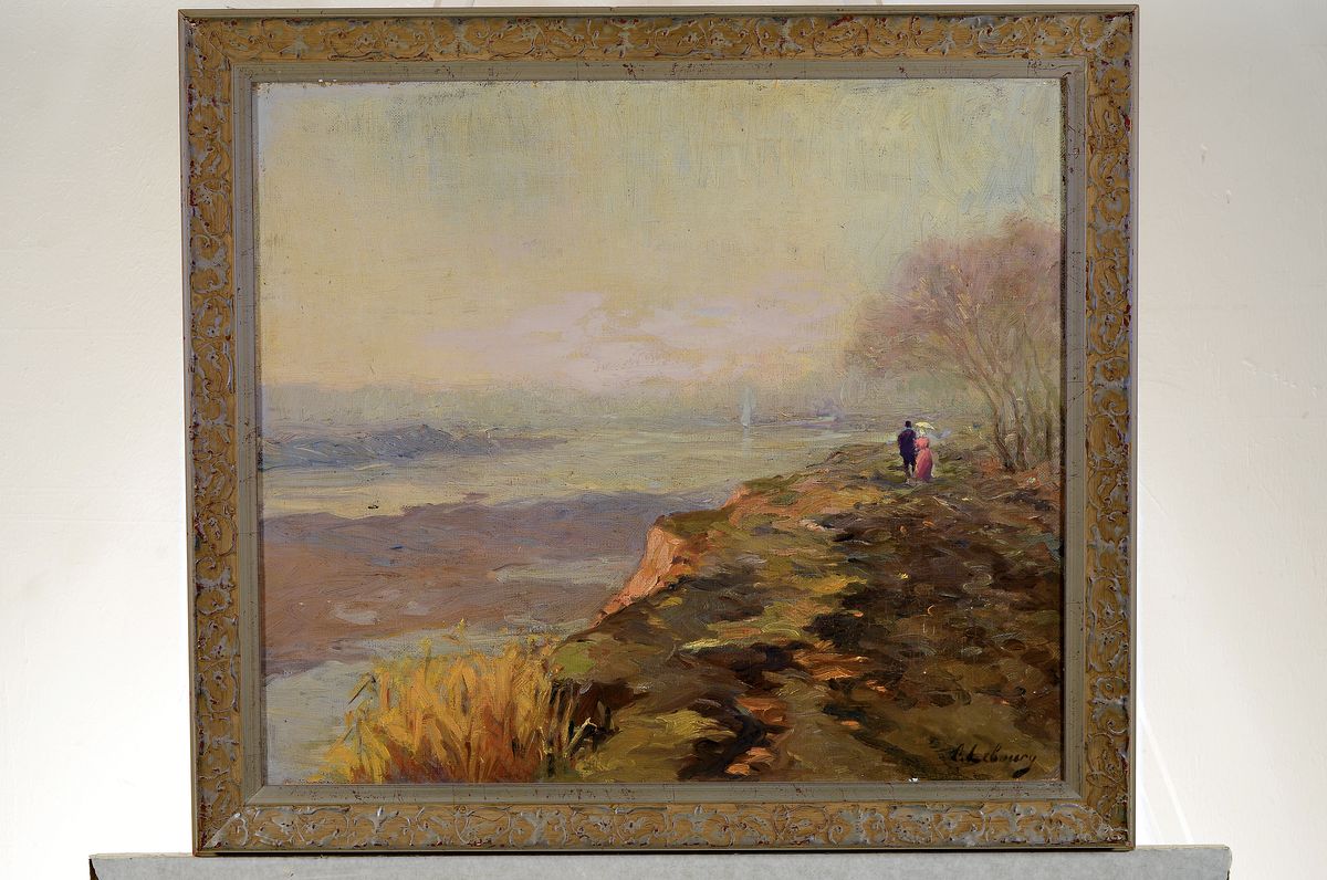 Detail k: C. Lebourg, frz. Künstler um 1900, spazierendes Paar auf einem Küstenweg, Öl/Lwd, rechts unten signiert, impressionistische Malweise, ca. 48x55cm, ...