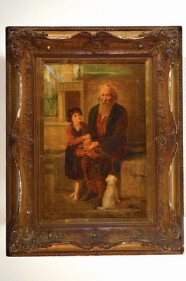 26701216k - W.H. Perry, British artist of the 2nd half of the 19th century, grandfather with violin on his lap, grandson and dog, oil/canvas, severalrests, signed lower left, approx. 75x50cm, gold-colored stuccoed magnificent frame approx. 113x 87cm
