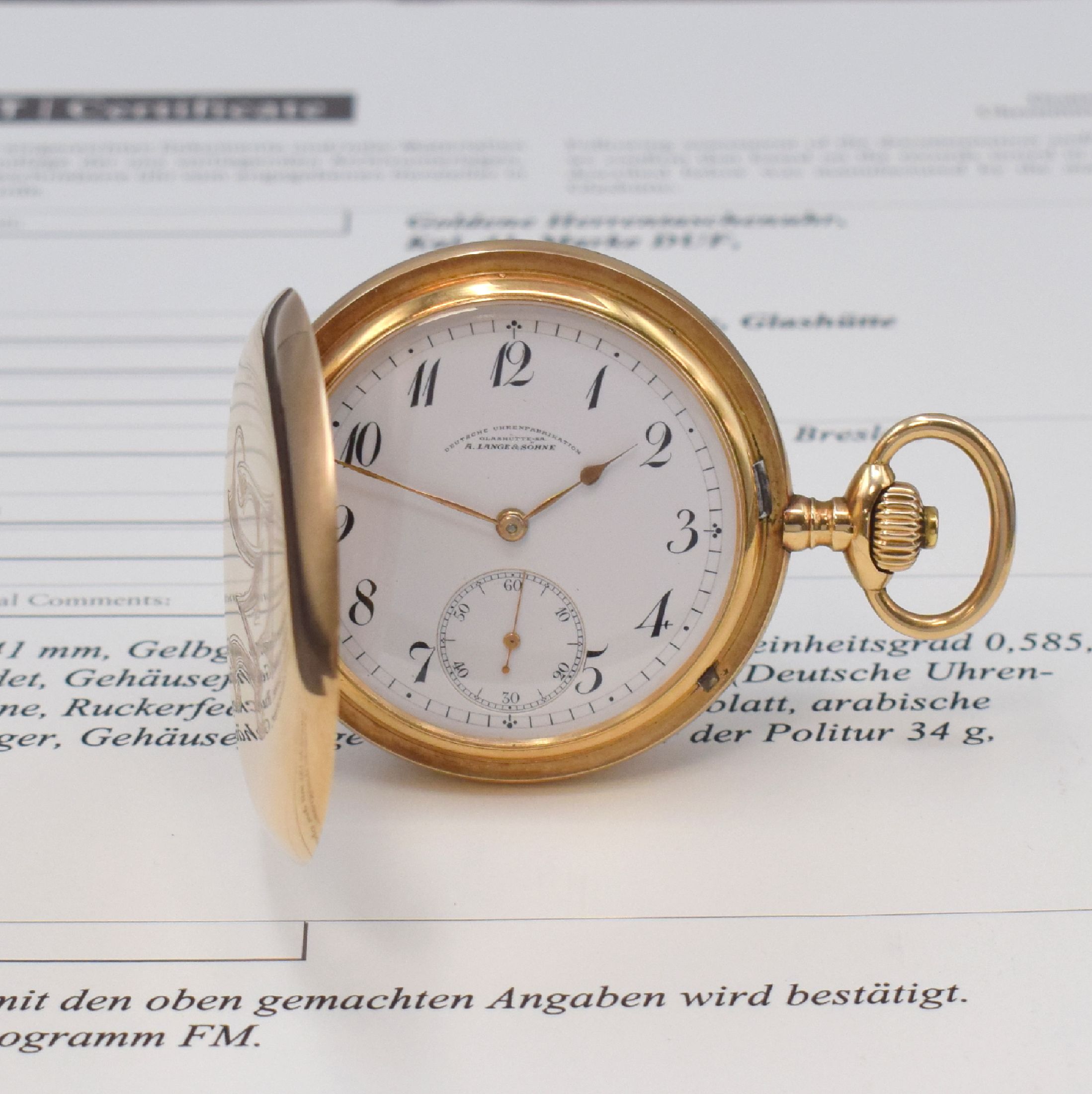 A. LANGE & SÖHNE Deutsche Uhrenfabrikation Savonette in GG 585/000, Deutschland verk. lt. beil. Zertifikat 12/1912, 2-Deckel-Gold Lucia-Geh., ...