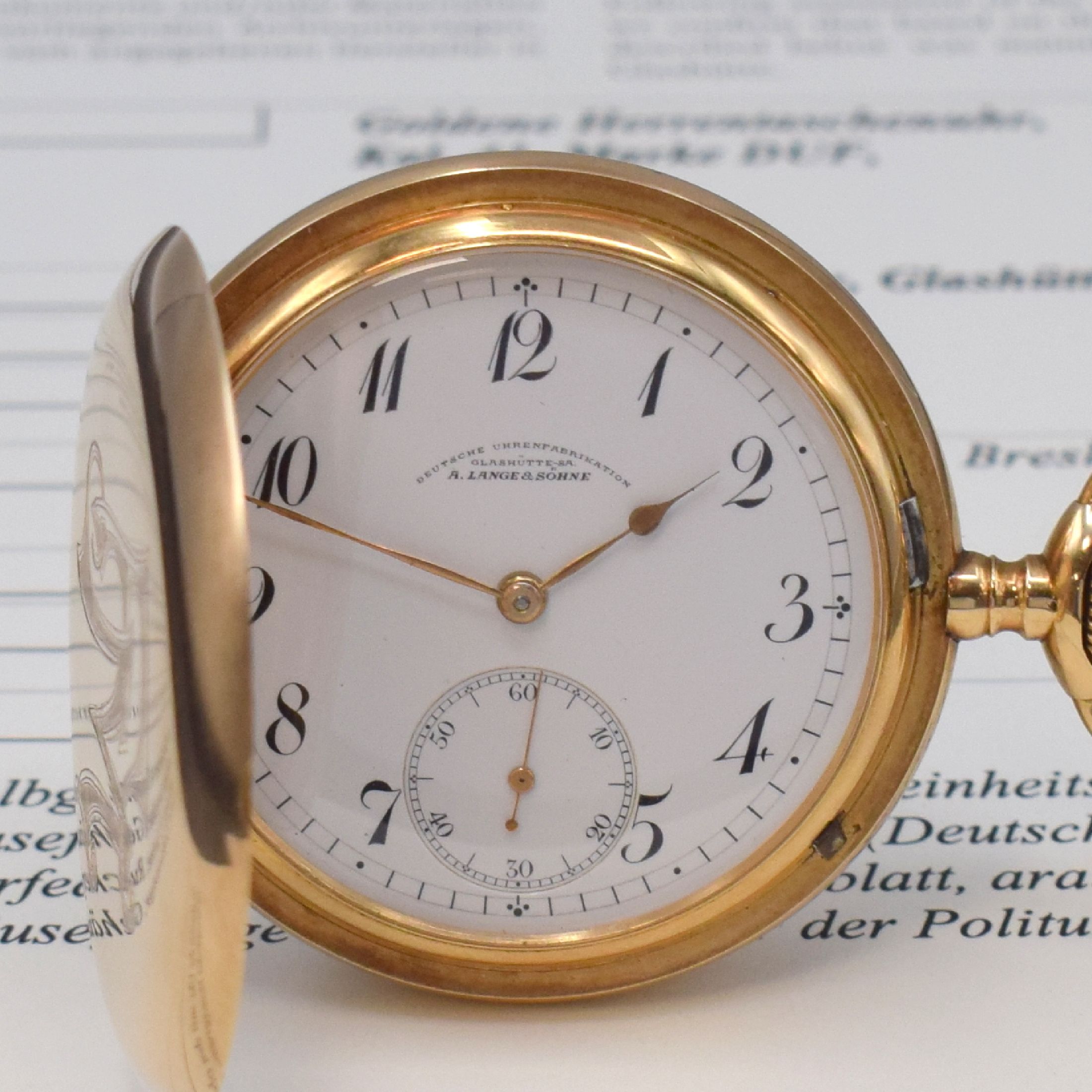Detail a: A. LANGE & SÖHNE Deutsche Uhrenfabrikation Savonette in GG 585/000, Deutschland verk. lt. beil. Zertifikat 12/1912, 2-Deckel-Gold Lucia-Geh., ...