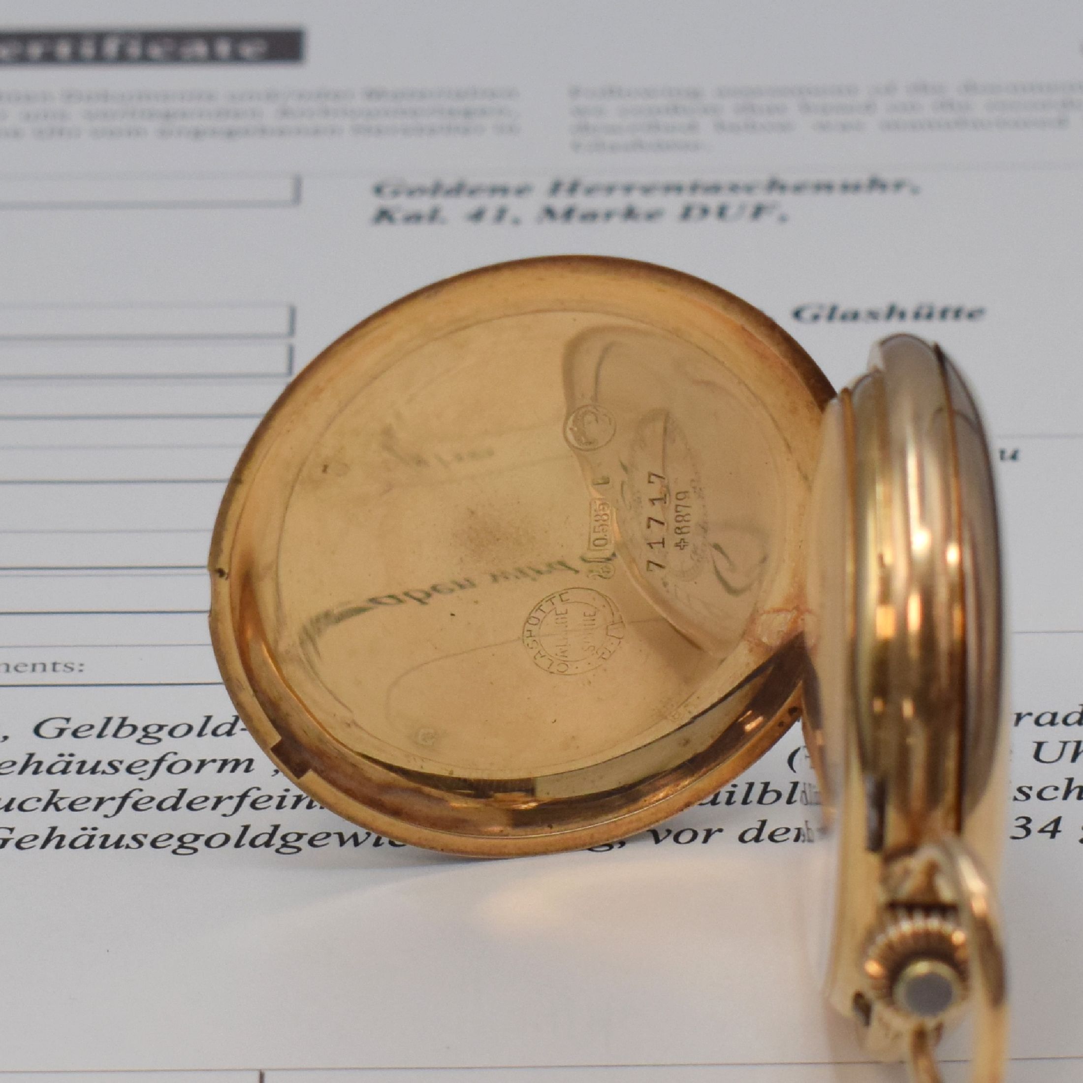 Detail b: A. LANGE & SÖHNE Deutsche Uhrenfabrikation Savonette in GG 585/000, Deutschland verk. lt. beil. Zertifikat 12/1912, 2-Deckel-Gold Lucia-Geh., ...