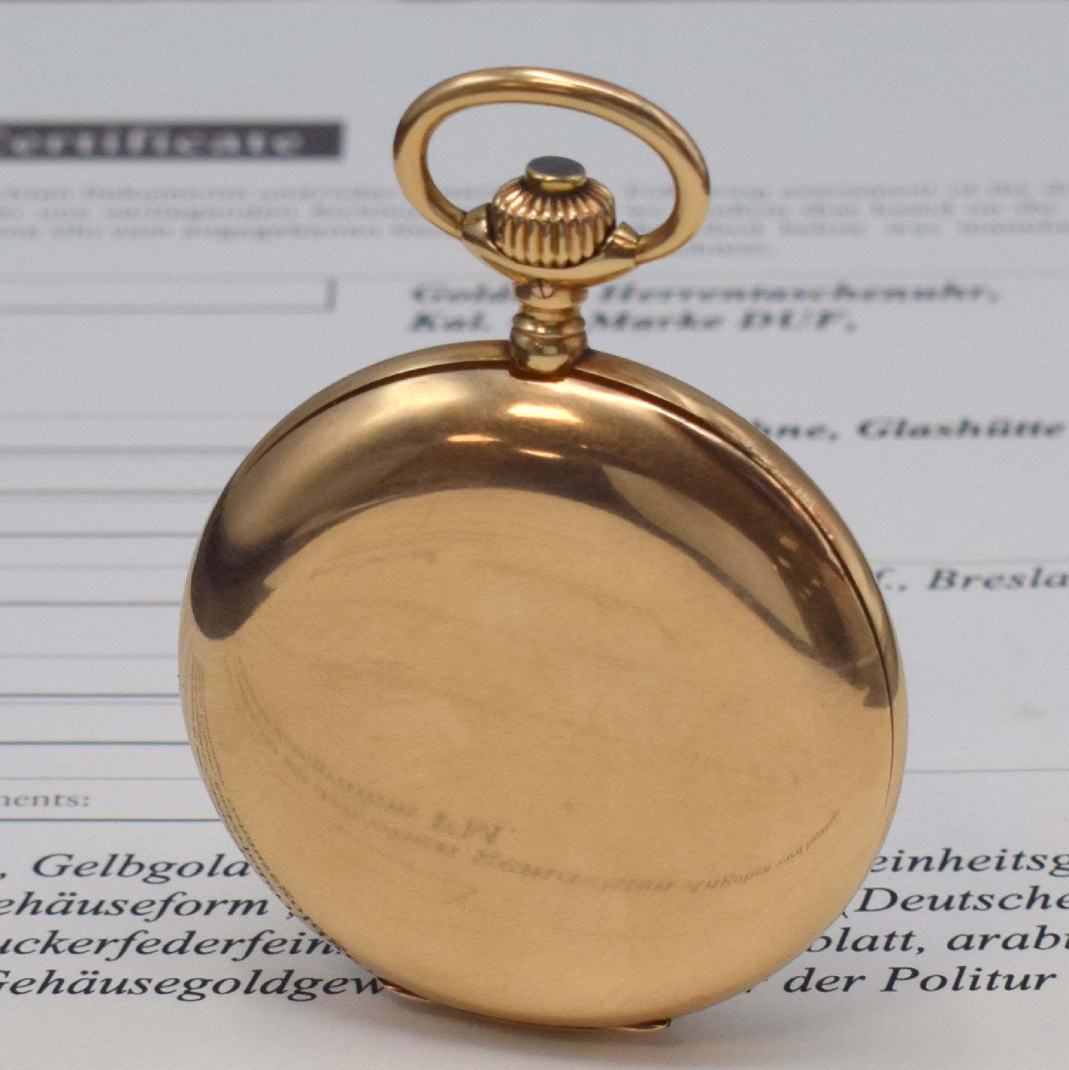 Detail d: A. LANGE & SÖHNE Deutsche Uhrenfabrikation Savonette in GG 585/000, Deutschland verk. lt. beil. Zertifikat 12/1912, 2-Deckel-Gold Lucia-Geh., ...