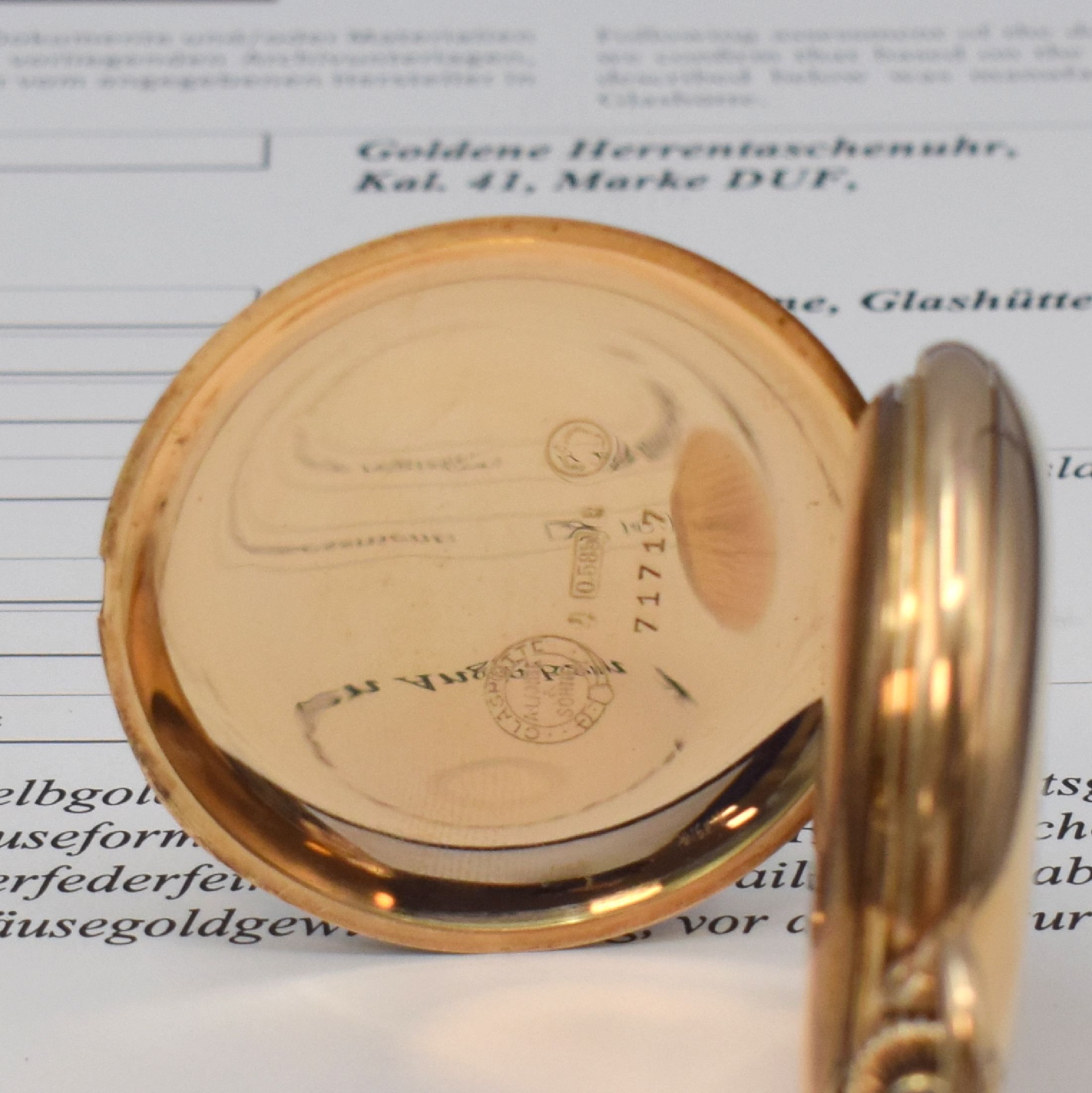 Detail e: A. LANGE & SÖHNE Deutsche Uhrenfabrikation Savonette in GG 585/000, Deutschland verk. lt. beil. Zertifikat 12/1912, 2-Deckel-Gold Lucia-Geh., ...