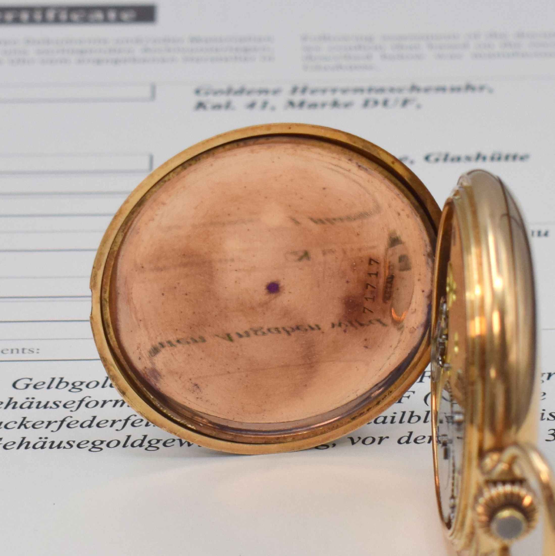 Detail g: A. LANGE & SÖHNE Deutsche Uhrenfabrikation Savonette in GG 585/000, Deutschland verk. lt. beil. Zertifikat 12/1912, 2-Deckel-Gold Lucia-Geh., ...