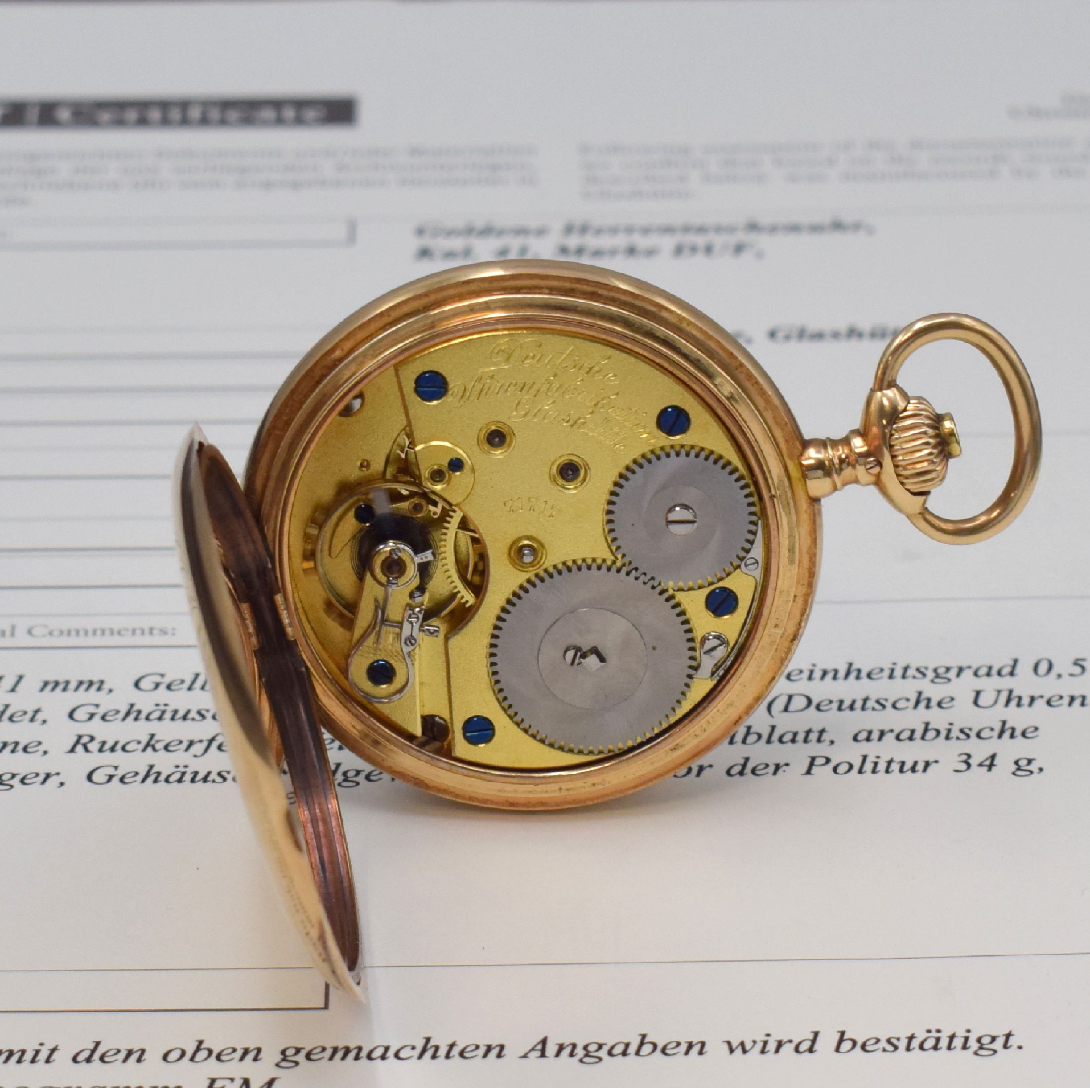 Detail h: A. LANGE & SÖHNE Deutsche Uhrenfabrikation Savonette in GG 585/000, Deutschland verk. lt. beil. Zertifikat 12/1912, 2-Deckel-Gold Lucia-Geh., ...