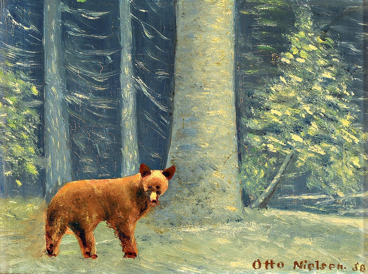 Otto Nielsen, 1877-1959 Dänemark, Bär am Waldrand, Öl/Lwd, rechts unten sign. und dat. 58, ca. 19x25cm, R. ca. 33x39cm