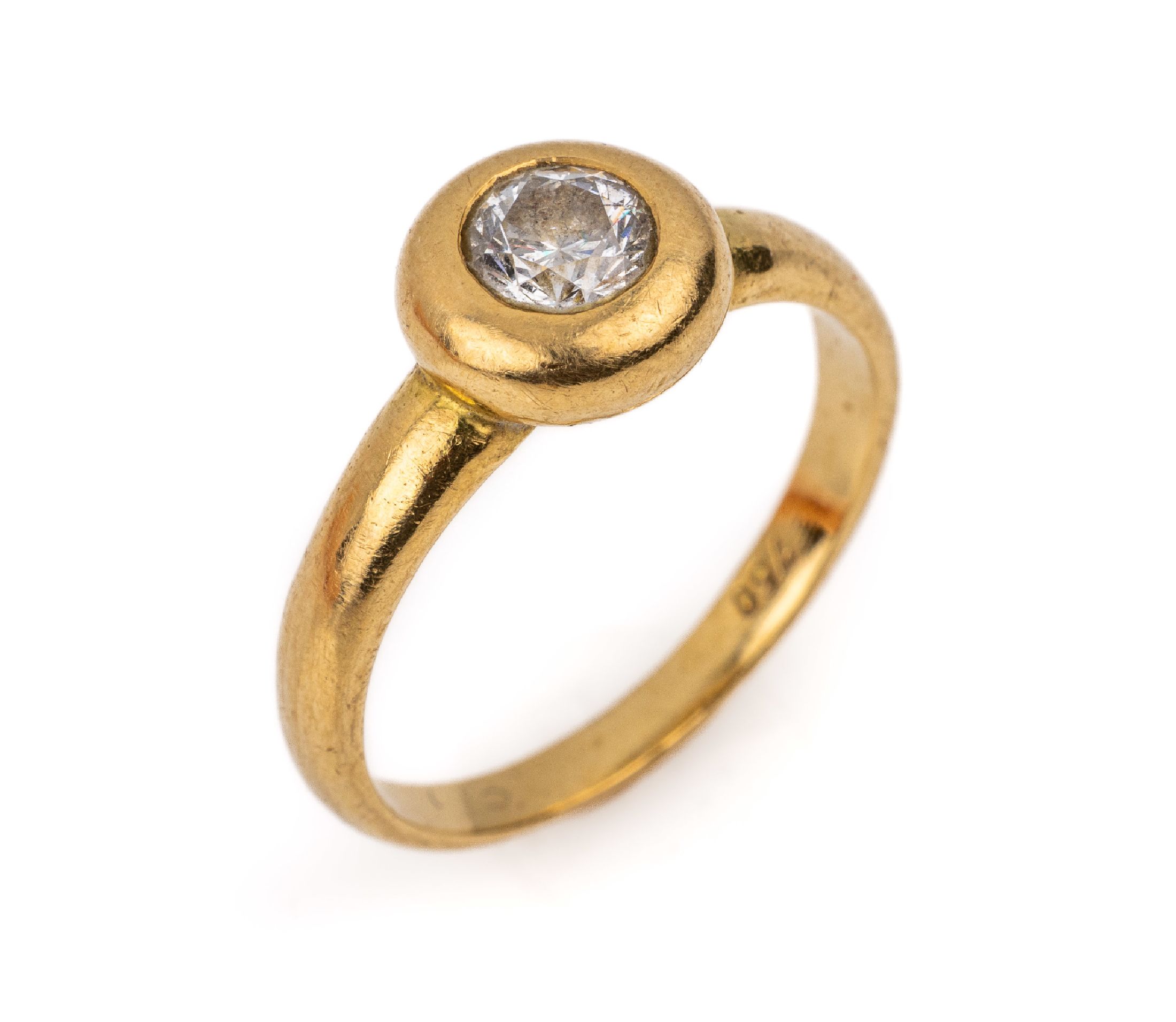 18 kt Gold Brillant-Ring, GG 750/000, Brillant ca. 0.50 ct Weiß/si-p1, reinheitsbeh., bauchige Zargenfassung, RW 54, ca. 4.2 g