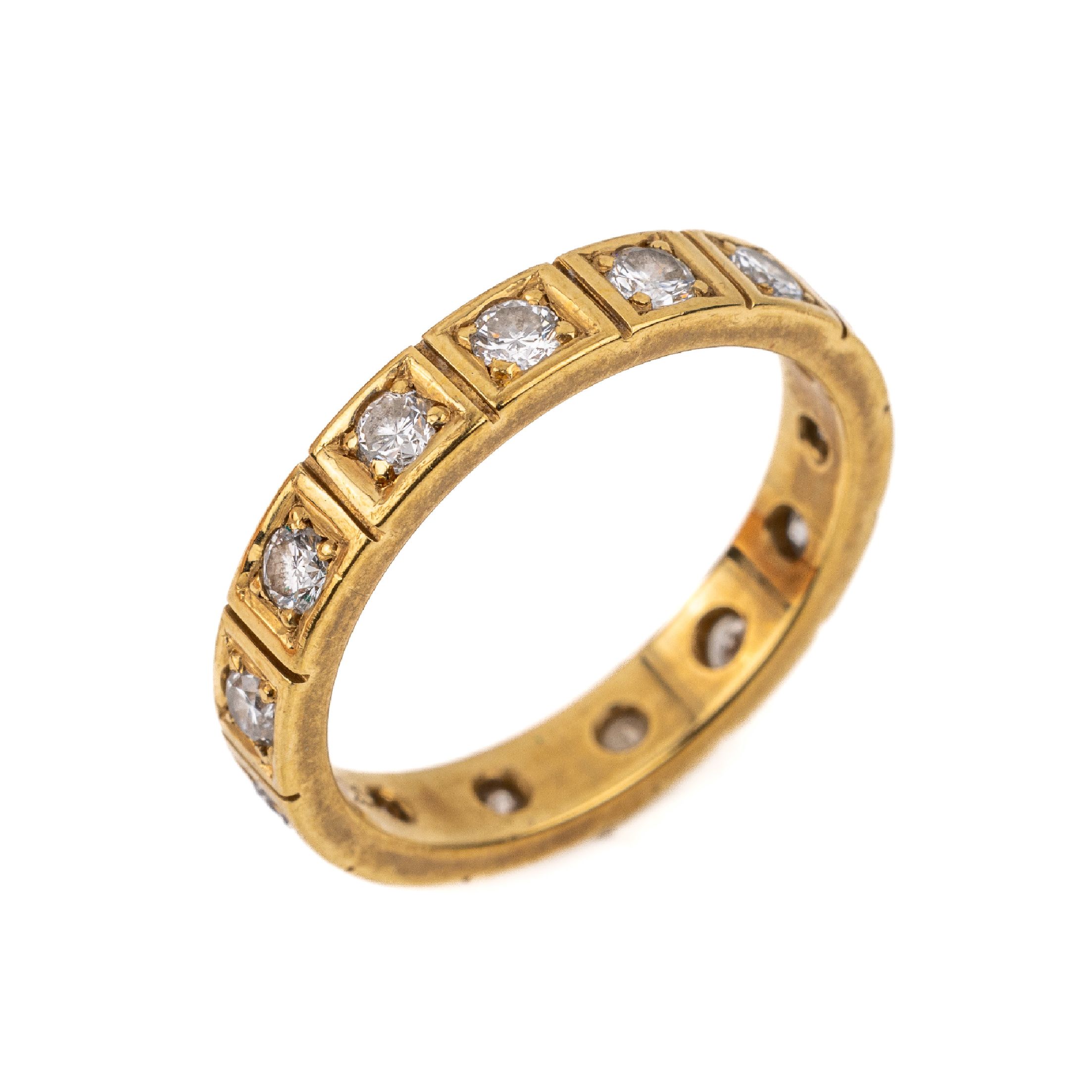 14 kt Gold Brillant-Memoryring, GG 585/000, rundum bes. mit 14 Brillanten zus. ca. 0.70 ct Weiß/si, ca. 3.6 g, RW 53