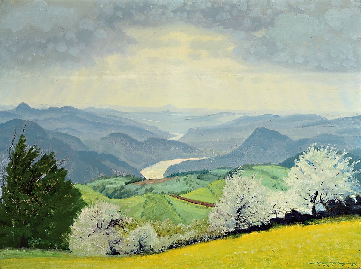 Hanns Herzing, 1890-1971 Dresden, Der Bergfrühling, rückseitig auf altem Etikett so betitelt, Öl/Lwd, rechts unten signiert, ca. 75x100cm, R. ca. ...