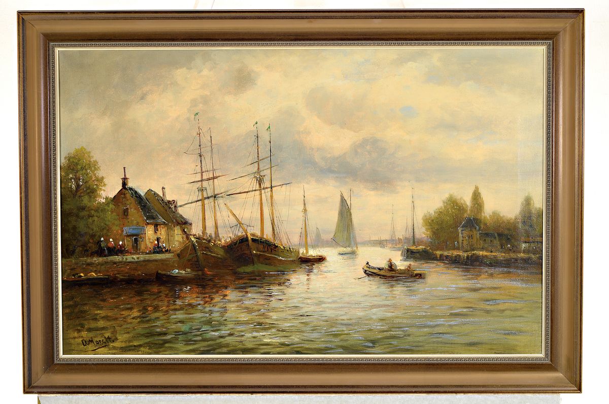 Detail k: D. Morett, Maler um 1900, Niederländischer Hafen, Öl/Lwd, links unten signiert, ca. 47x74cm, R. ca. 58x85cm