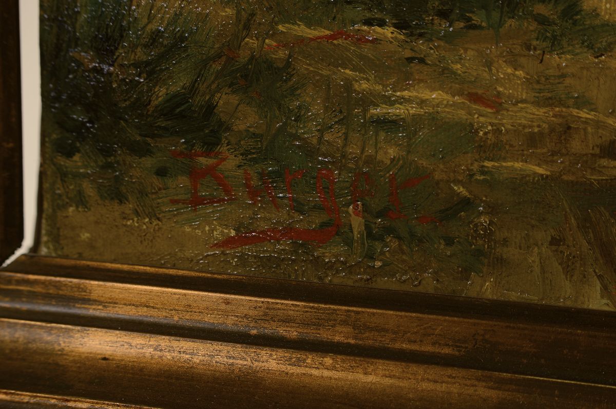 Detail a: Josef Burger, 1887 München-1968, blühende Bäume vor einem Bauerngehöft, Öl/Lwd, links unten signiert, ca. 75x100cm,