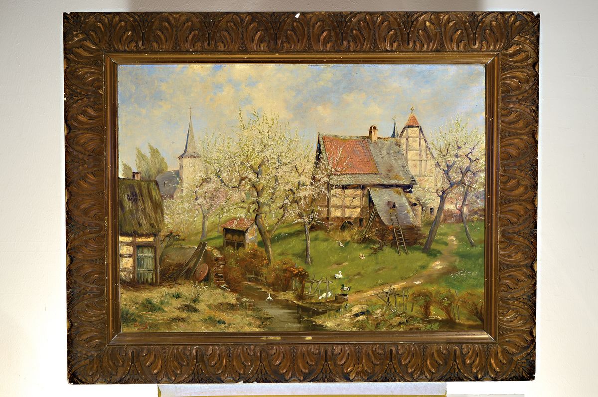 Detail k: Josef Burger, 1887 München-1968, blühende Bäume vor einem Bauerngehöft, Öl/Lwd, links unten signiert, ca. 75x100cm,