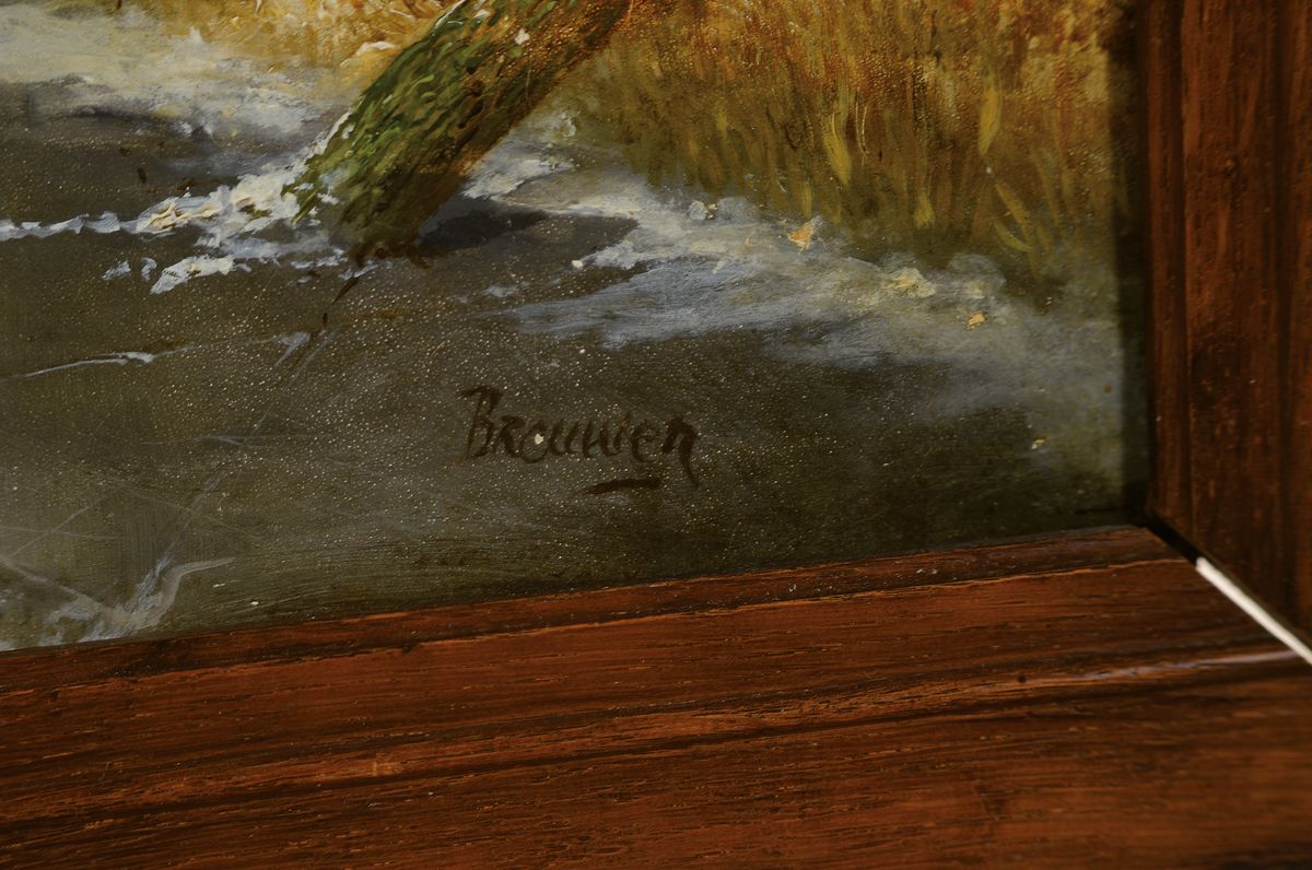 Detail a: Brouwer, niederländischer Maler, um 1900, Eisvergnügen unter weitem Himmel, vielfigurige Szene von Schlittschuhläufern und Schlitten auf ...