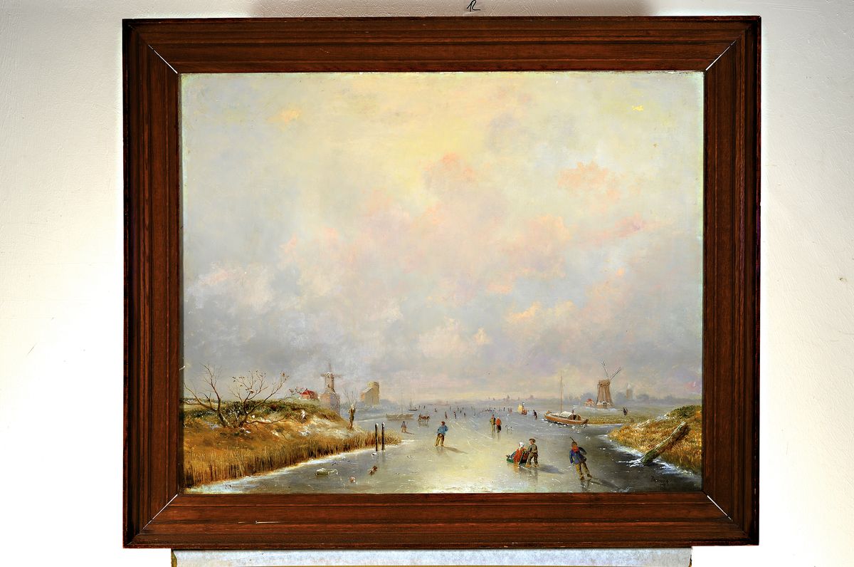 Detail k: Brouwer, niederländischer Maler, um 1900, Eisvergnügen unter weitem Himmel, vielfigurige Szene von Schlittschuhläufern und Schlitten auf ...