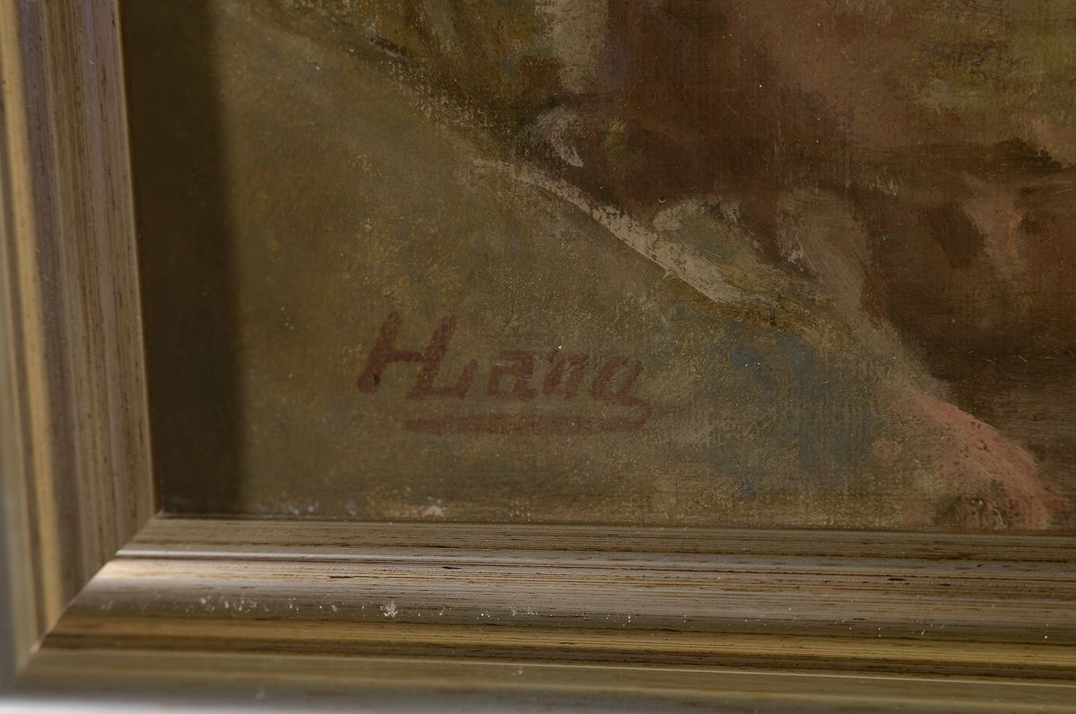 Detail a: H.Lang, Maler des frühen 20. Jh., buntes Treiben am Strand mit Menschen, badenden Kindern und Booten, im Hintergrund eine kleine Stadt, Öl/Lwd, ...