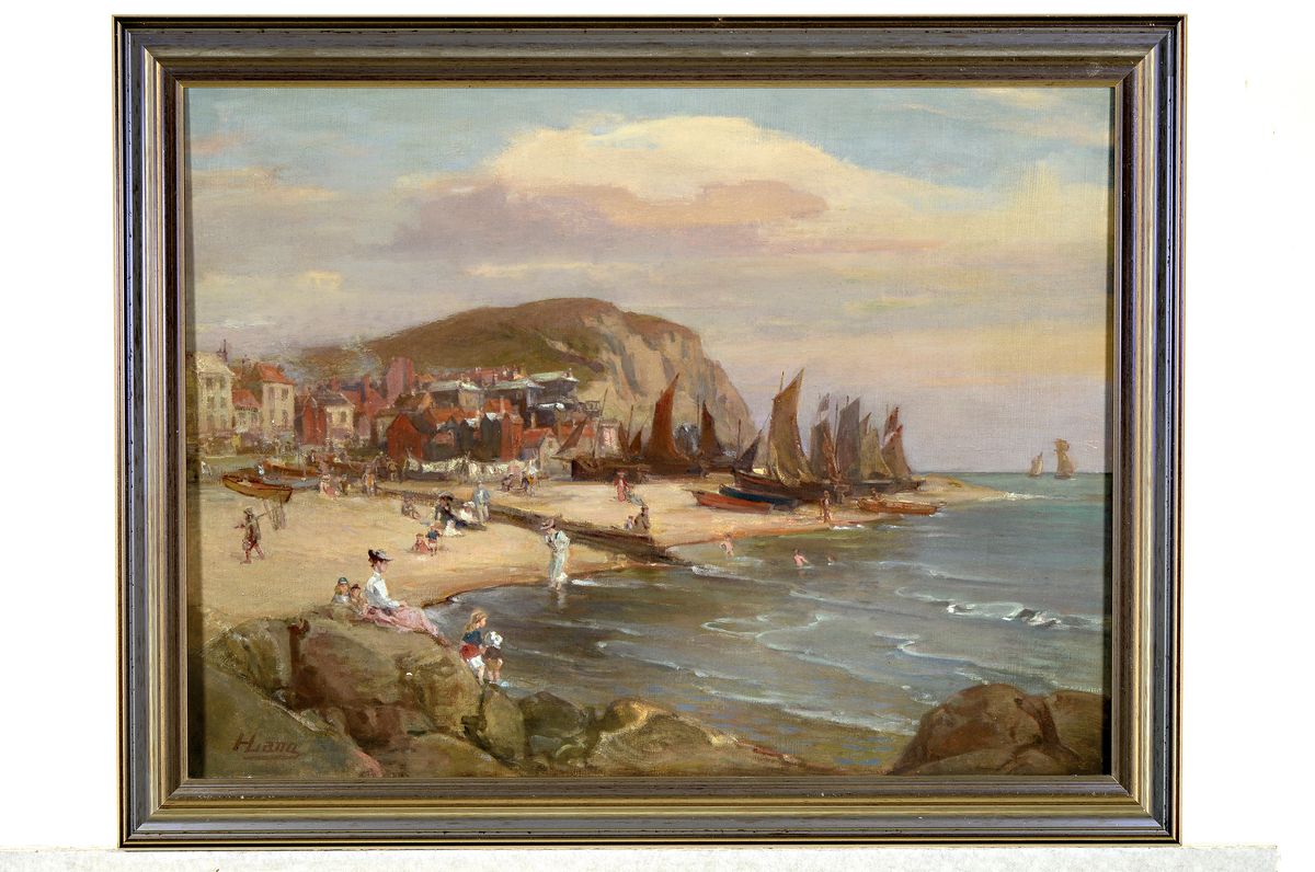 Detail k: H.Lang, Maler des frühen 20. Jh., buntes Treiben am Strand mit Menschen, badenden Kindern und Booten, im Hintergrund eine kleine Stadt, Öl/Lwd, ...