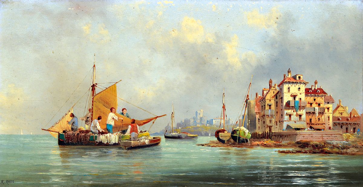 M. Madus, Künstler Ende des 19.Jh., Fischer vor südlicher Küstenlandschaft, links unten signiert, Öl/Holz, Alterssp., 21x42 cm, Rahmen 36x54 cm