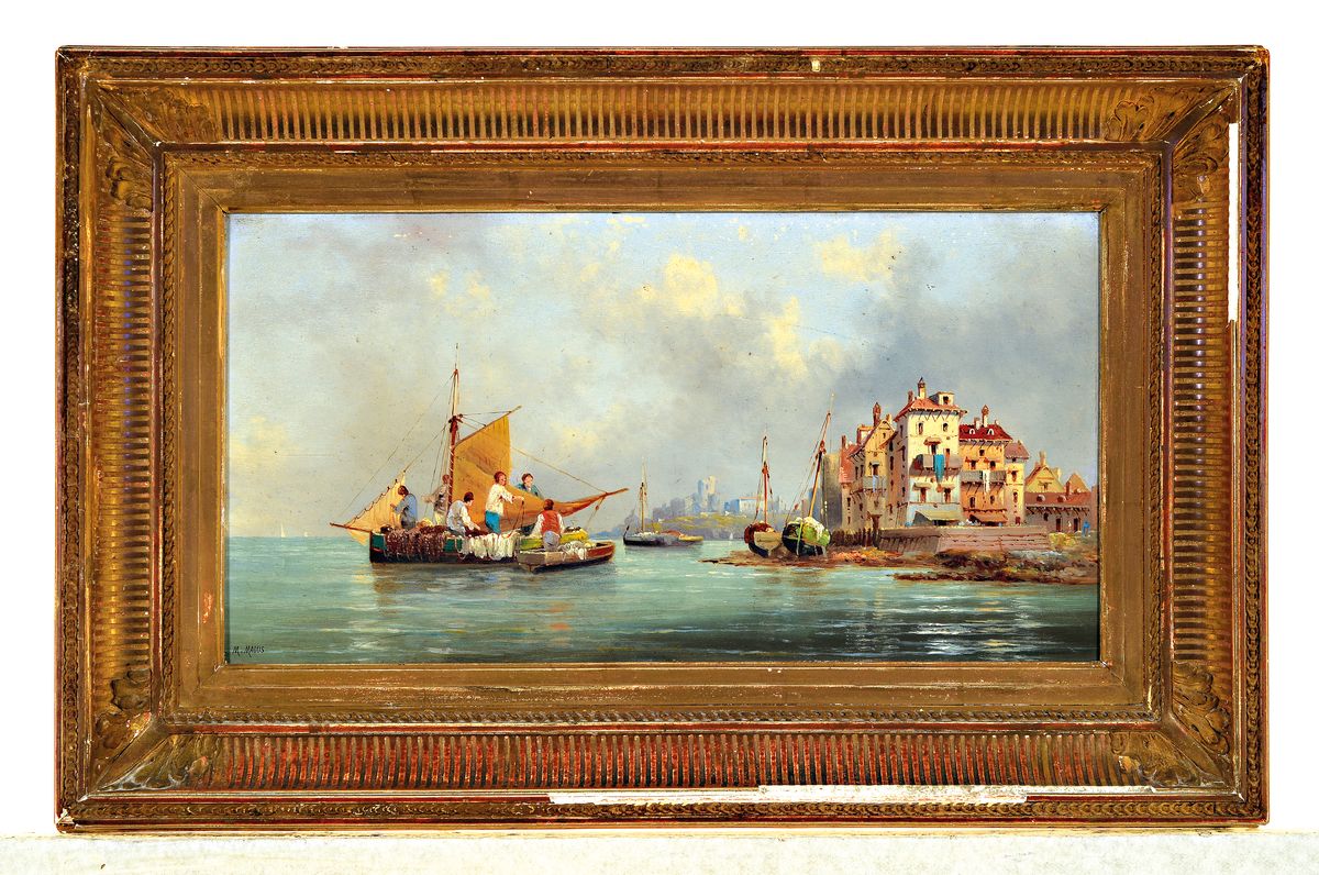 Detail k: M. Madus, Künstler Ende des 19.Jh., Fischer vor südlicher Küstenlandschaft, links unten signiert, Öl/Holz, Alterssp., 21x42 cm, Rahmen 36x54 cm
