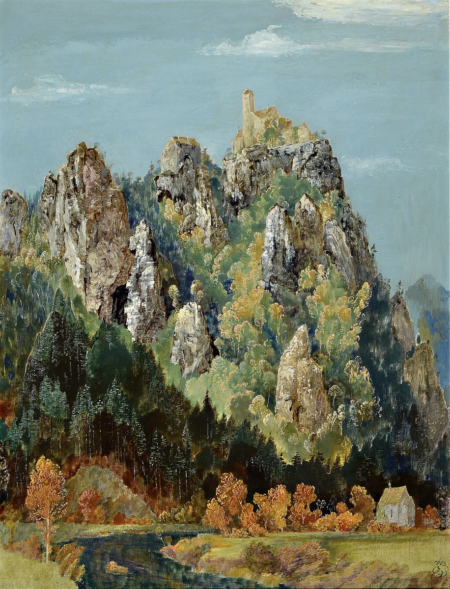 Alfred Vollmar, 1893 Nagold-1980 Leutkirch, Werrenwag Donautal, so rückseitig betitelt und dat. 1963, Blick auf eine Burg, Öl/ Hartfaser, rechts ...