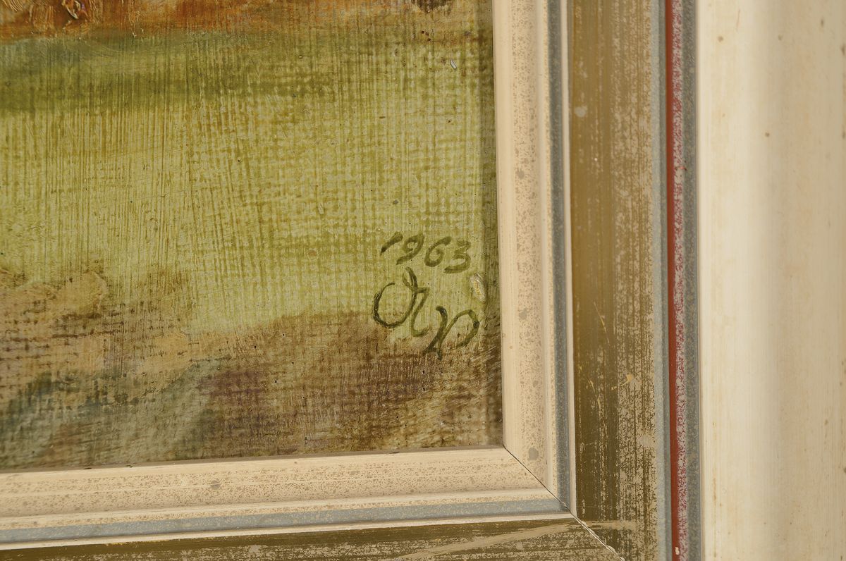 Detail a: Alfred Vollmar, 1893 Nagold-1980 Leutkirch, Werrenwag Donautal, so rückseitig betitelt und dat. 1963, Blick auf eine Burg, Öl/ Hartfaser, rechts ...