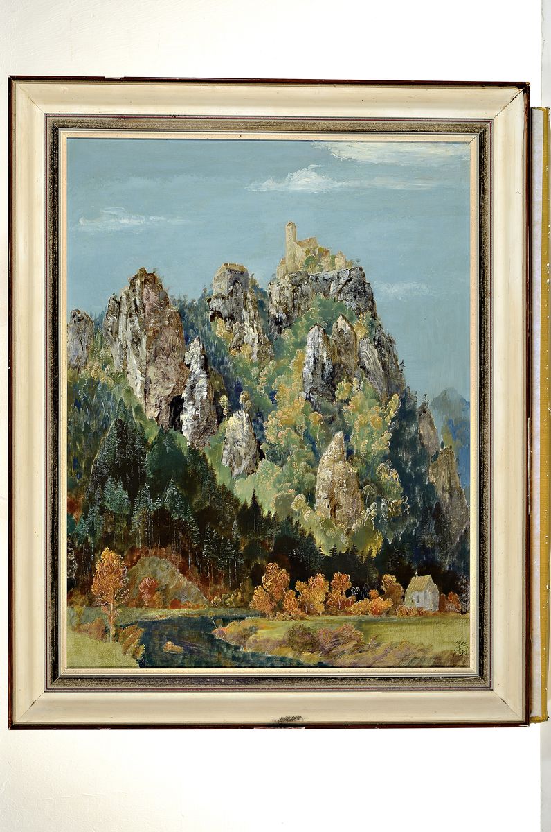 Detail k: Alfred Vollmar, 1893 Nagold-1980 Leutkirch, Werrenwag Donautal, so rückseitig betitelt und dat. 1963, Blick auf eine Burg, Öl/ Hartfaser, rechts ...