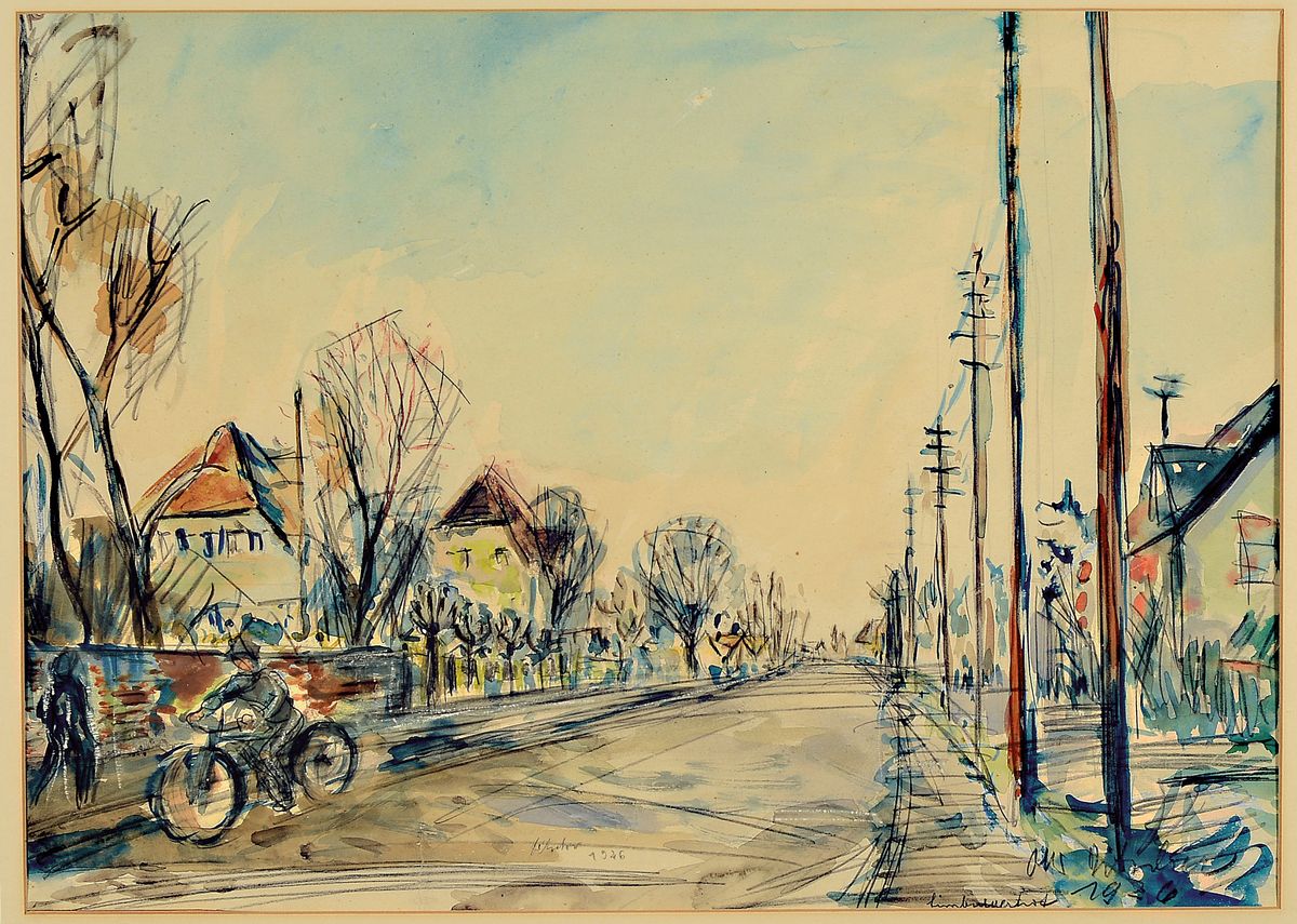 Otto Ditscher, 1903-1987 Neuhofen, Die Speyerer Straße in Limburgerhof, Aquarell über Bleistift auf Papier, 2 mal signiert und dat. 1926, am ...