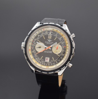 Image BREITLING Navitimer Chrono-Matic reference 1806 gents wristwatch with chronograph, Switzerland, self winding, large case in steel, bidirectional revolving bezel, black patinated dial, date, gold plated movement calibre 12, diameter approx. 49 mm, signs of use, condition 2-3