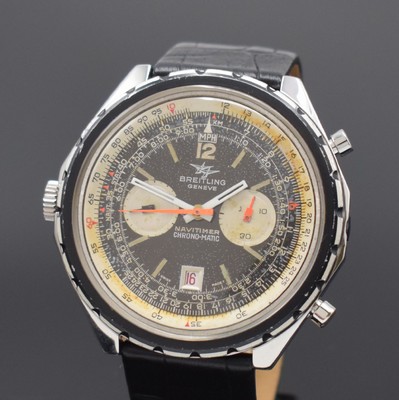 26701908a - BREITLING Navitimer Chrono-Matic reference 1806 gents wristwatch with chronograph, Switzerland, self winding, large case in steel, bidirectional revolving bezel, black patinated dial, date, gold plated movement calibre 12, diameter approx. 49 mm, signs of use, condition 2-3
