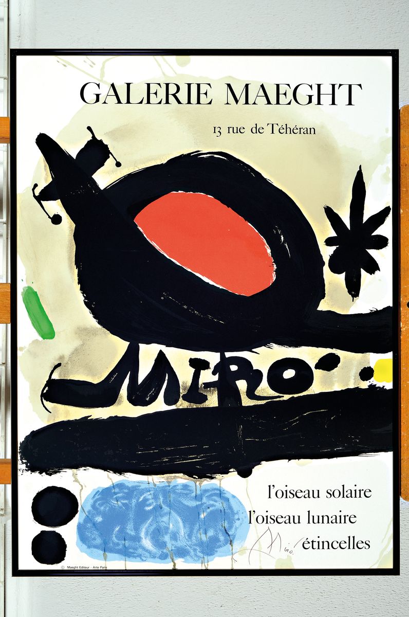 Joan Miro, 1893-1983, Ausstellungsplakat der Galerie Maeght "Loiseau solaire, loiseau lunaire", handsigniert, ca. 64x48 cm, Rahmen