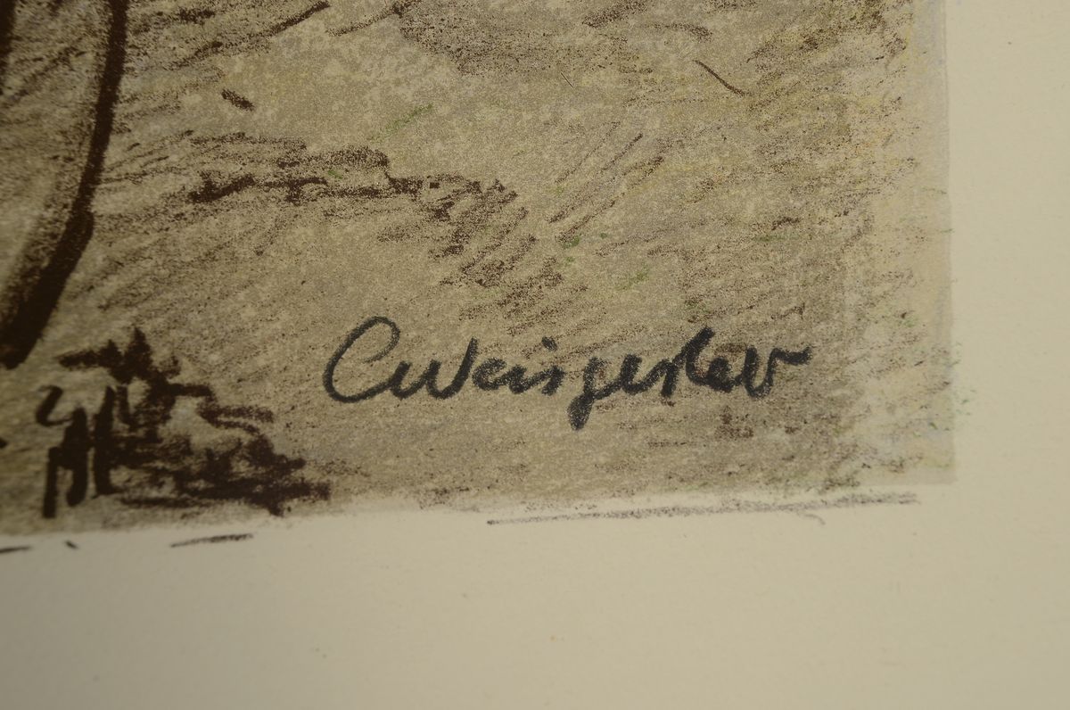 Detail a: Karl Weisgerber, 1891 Ahrweiler-1968 Düsseldorf, Farbradierung, Schwäne im Hofgarten, um 1930, rechts unten signiert, unter Glas gerahmt, 58x75 cm