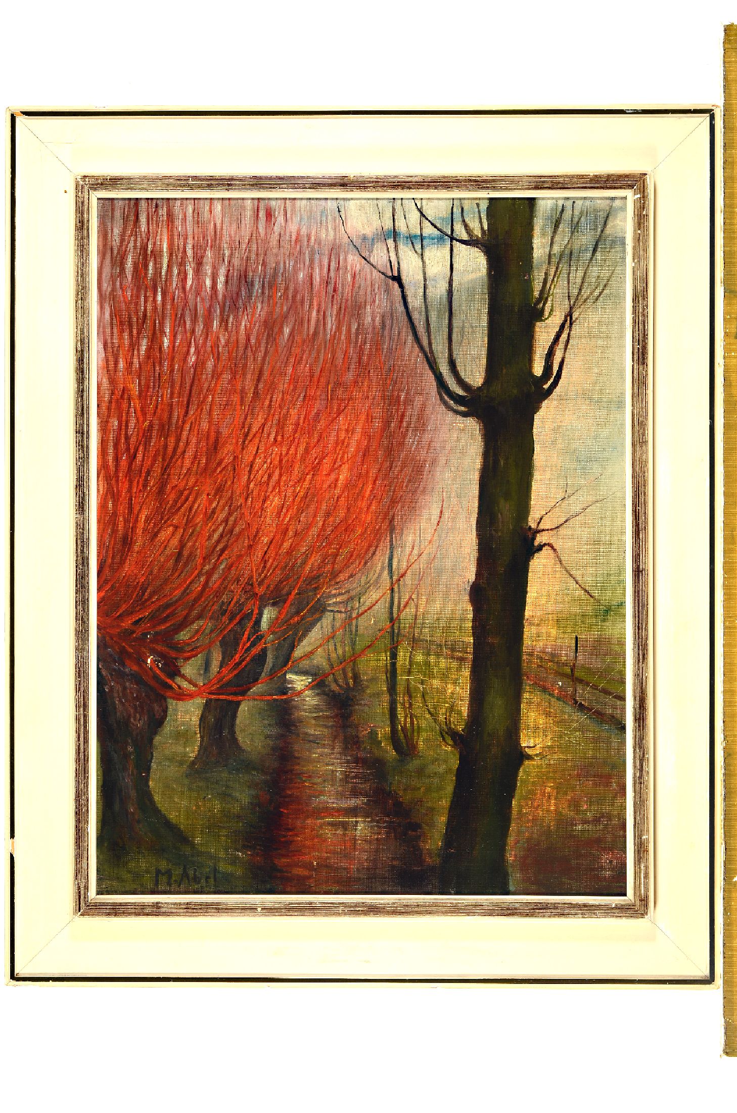 M. Abel, Maler der 1950er/60er Jahre, feurige Kopfweiden am Kanal, Öl/Lwd, links unten signiert, ca. 54x42cm, R. ca. 67x54cm