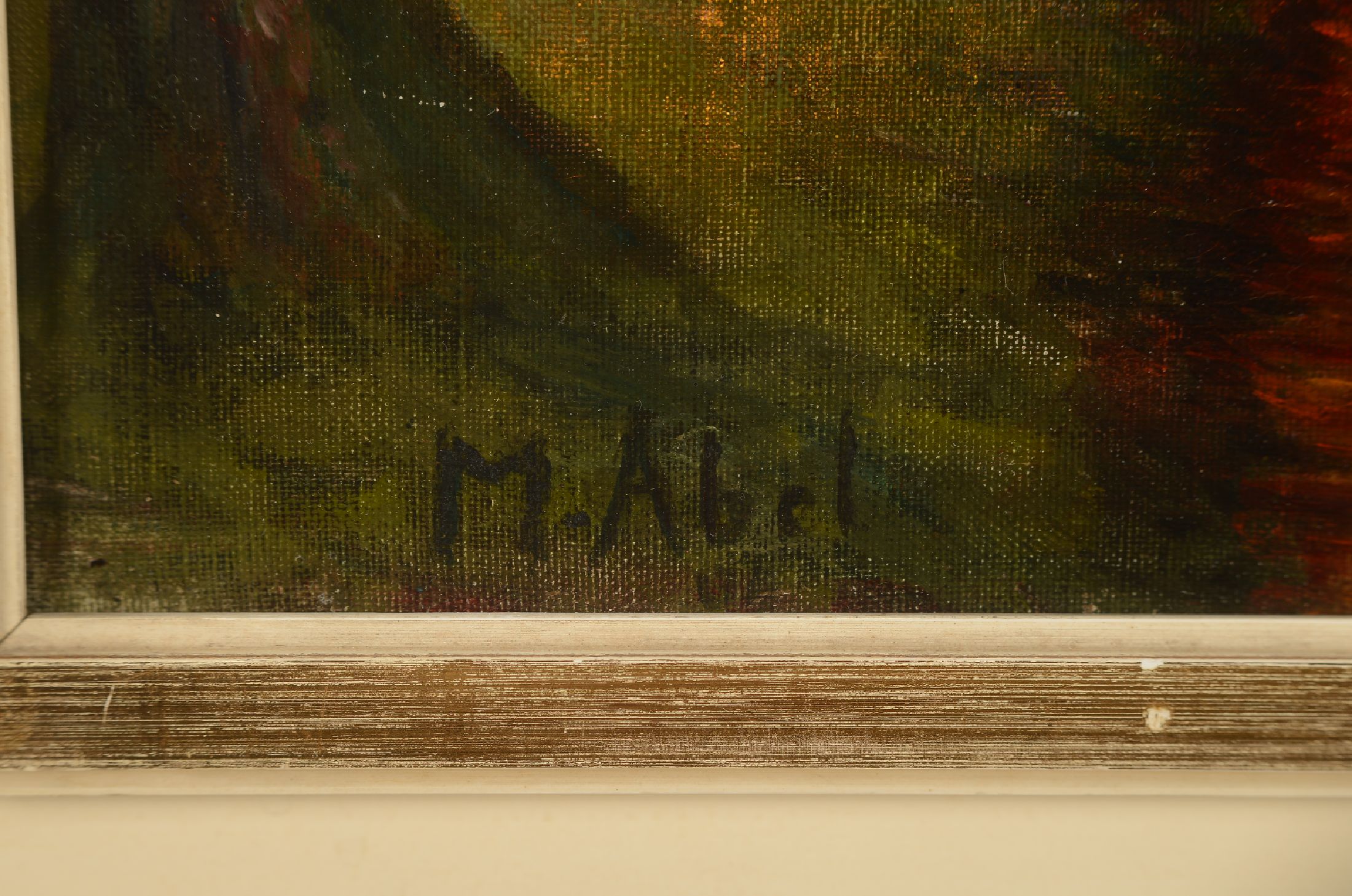 Detail a: M. Abel, Maler der 1950er/60er Jahre, feurige Kopfweiden am Kanal, Öl/Lwd, links unten signiert, ca. 54x42cm, R. ca. 67x54cm