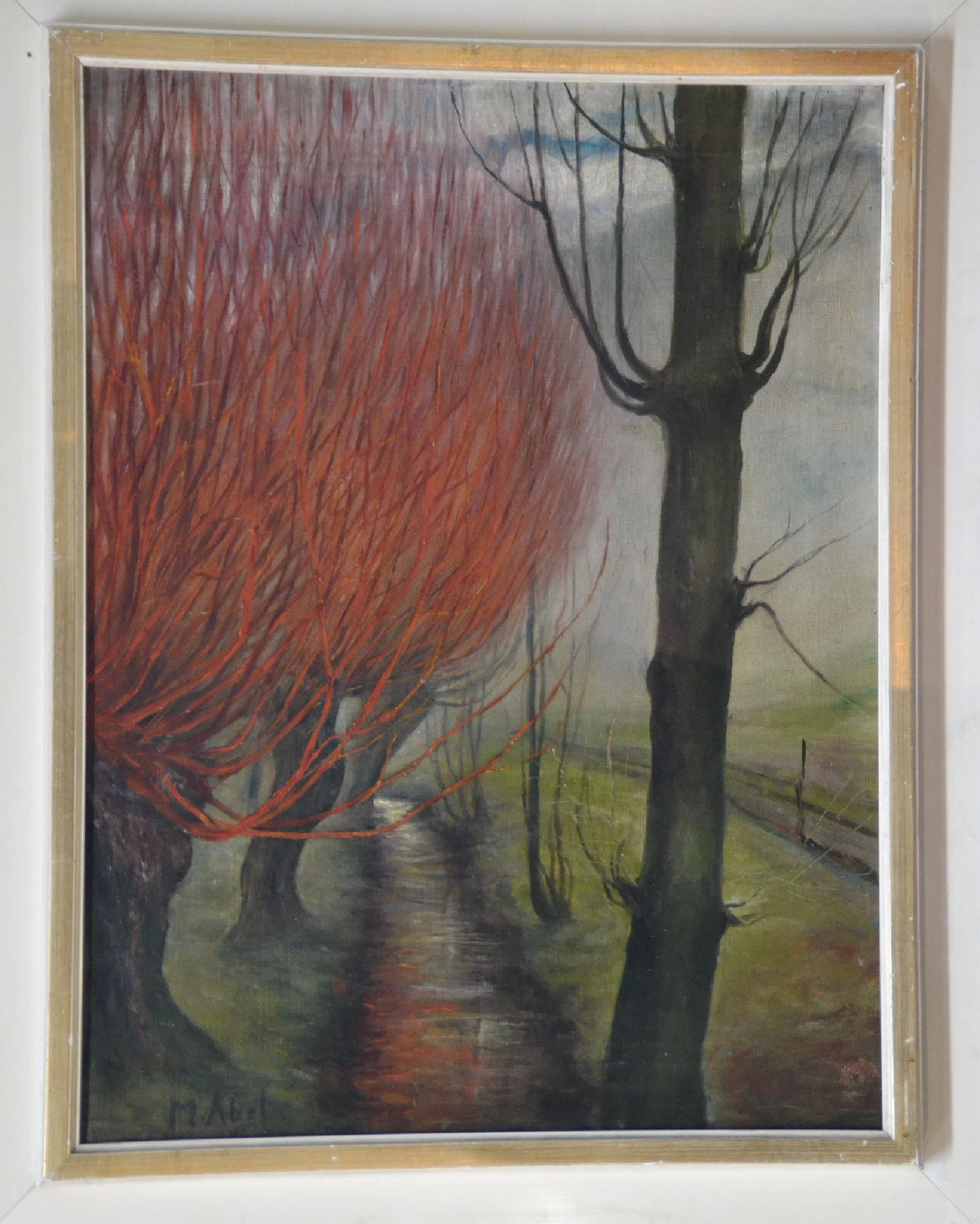 Detail b: M. Abel, Maler der 1950er/60er Jahre, feurige Kopfweiden am Kanal, Öl/Lwd, links unten signiert, ca. 54x42cm, R. ca. 67x54cm