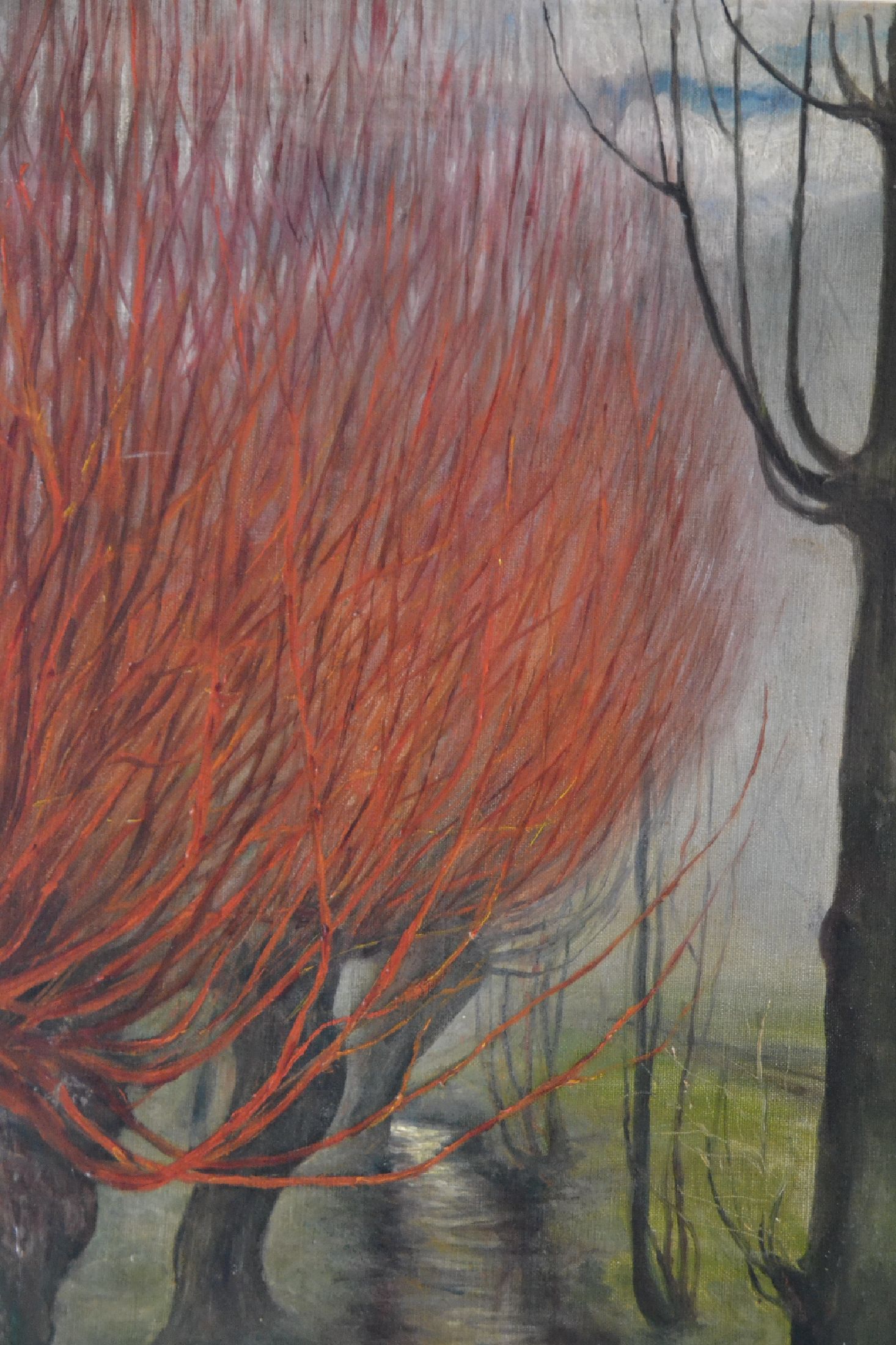 Detail c: M. Abel, Maler der 1950er/60er Jahre, feurige Kopfweiden am Kanal, Öl/Lwd, links unten signiert, ca. 54x42cm, R. ca. 67x54cm