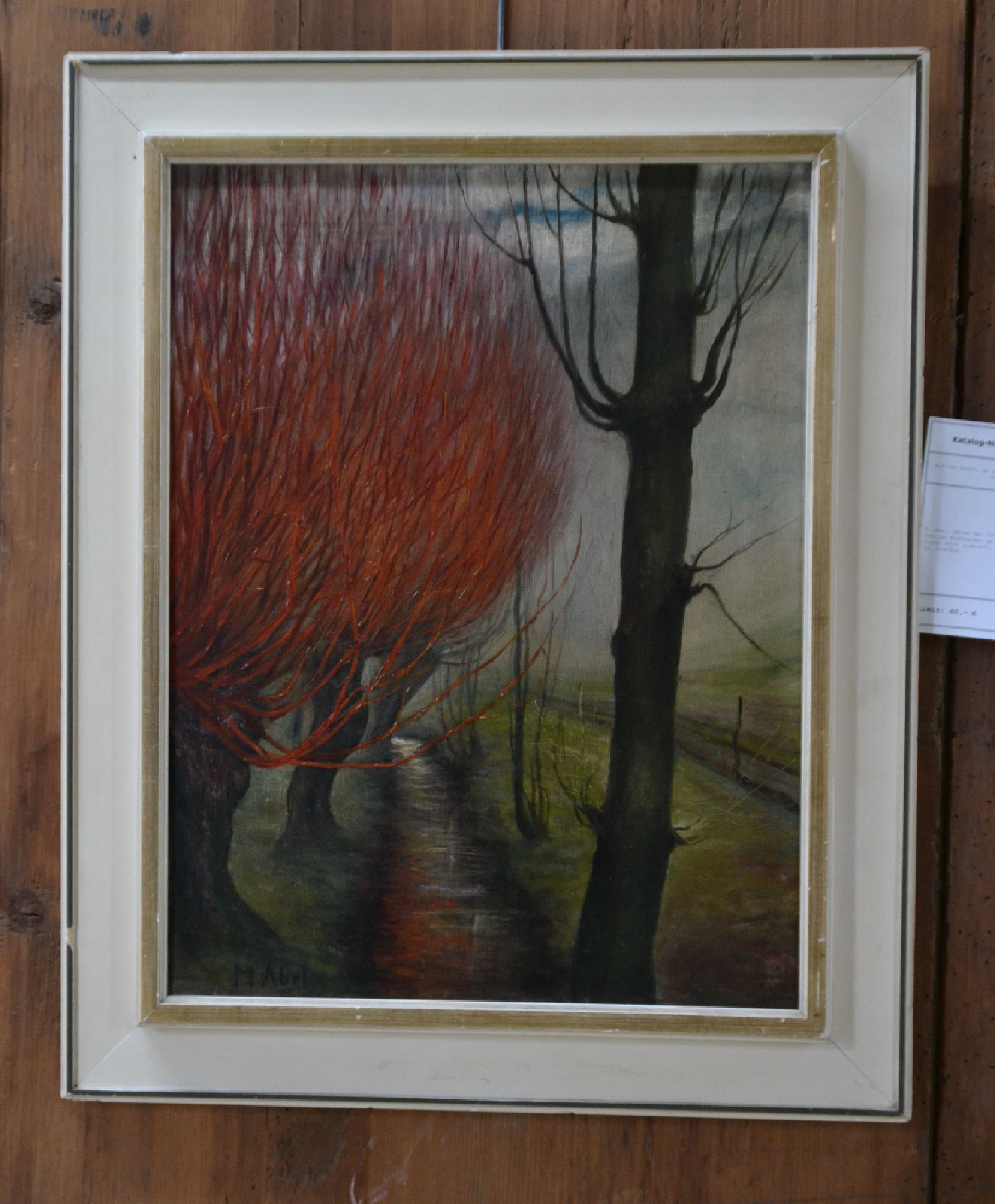 Detail e: M. Abel, Maler der 1950er/60er Jahre, feurige Kopfweiden am Kanal, Öl/Lwd, links unten signiert, ca. 54x42cm, R. ca. 67x54cm