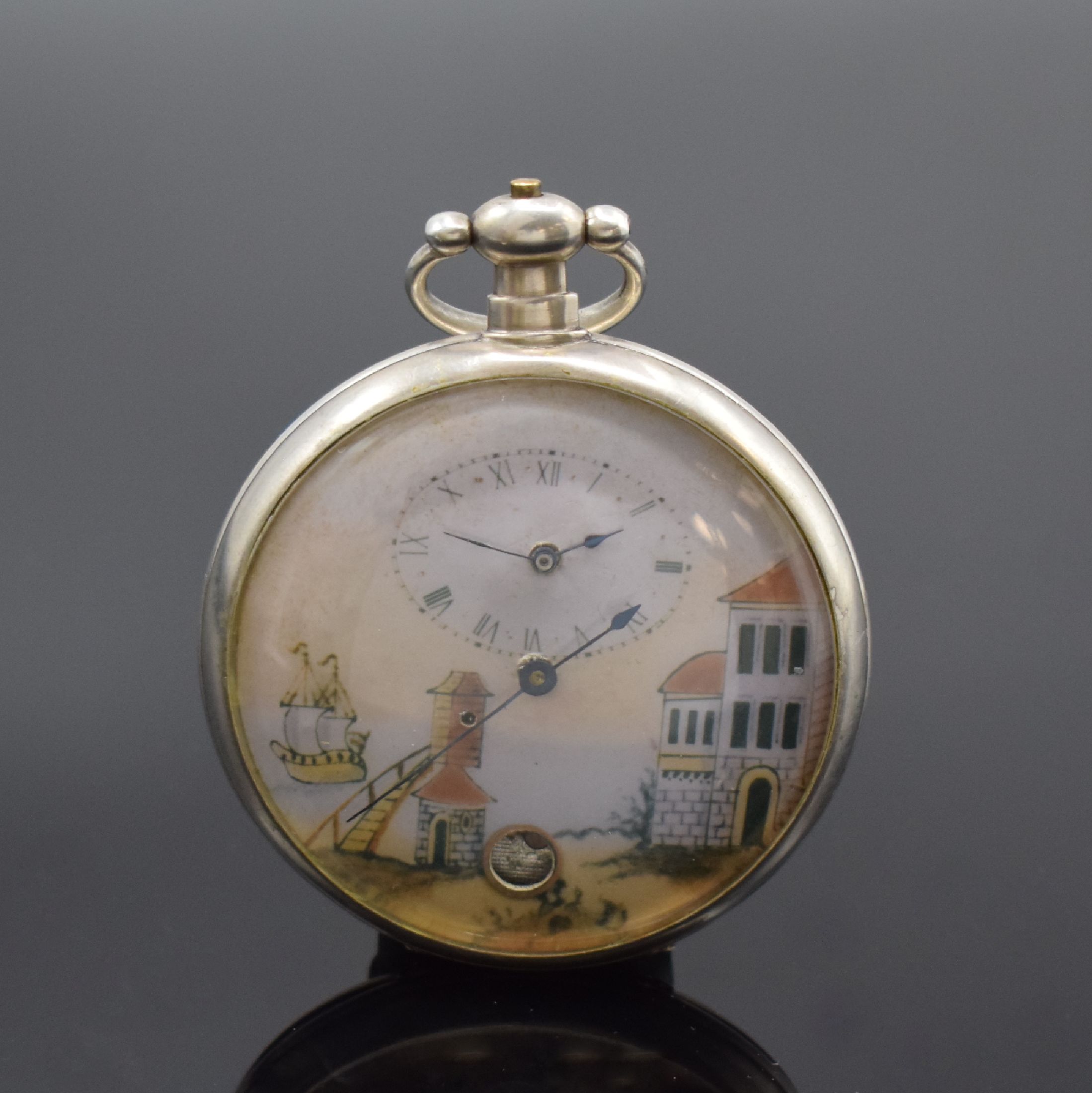 Offene Taschenuhr für den Chinesischen Markt, Bauweise Fleurier, Schweiz um 1870, Silbergeh., Schlüsselaufzug, bemaltes Zifferbl. röm. Zahlen, ...