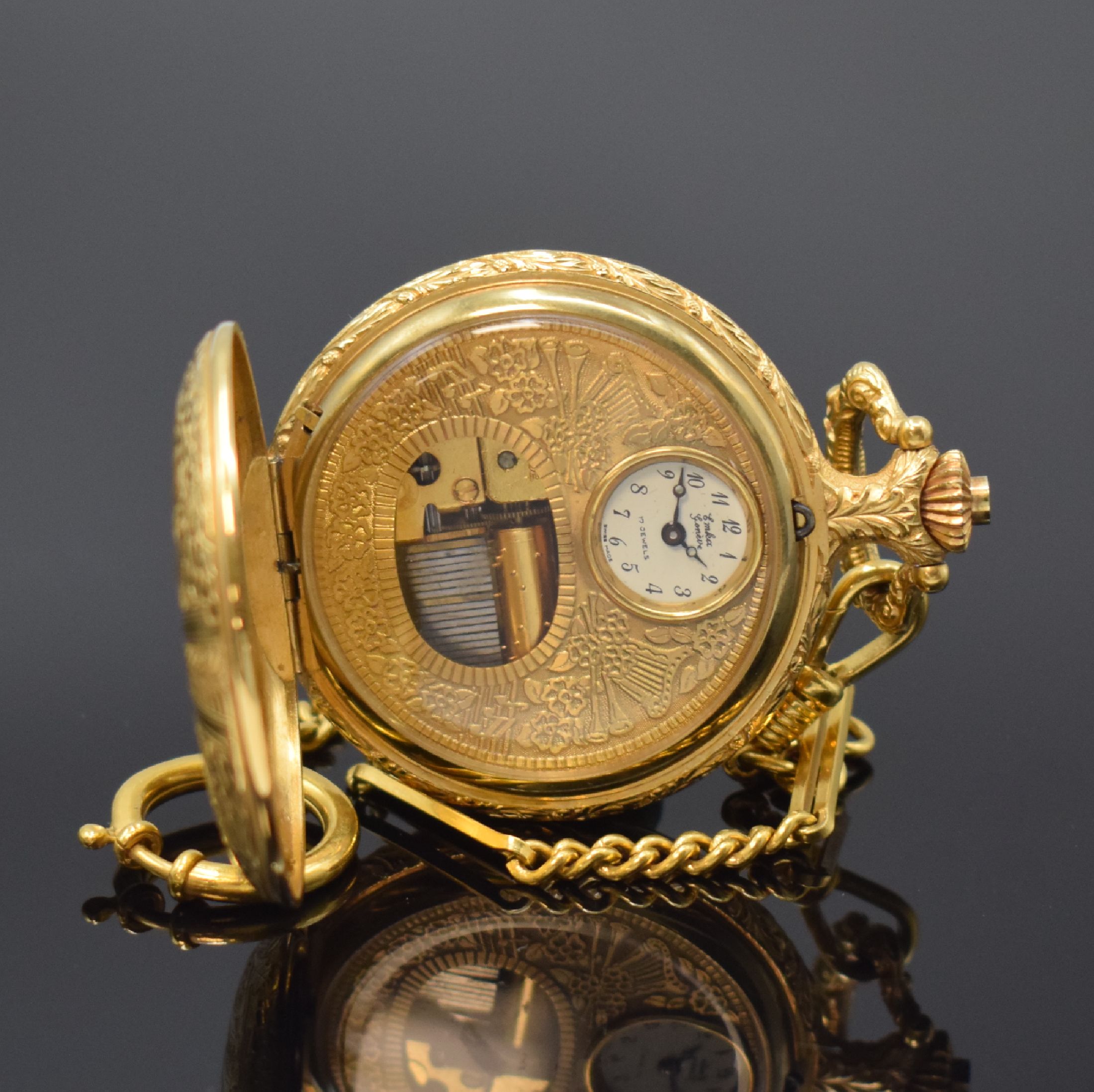 EMKA Geneve Savonette mit Reuge Spieluhr, Schweiz um 1990, Handaufzug, vergoldetes Geh., Sprungdeckel m. Monogramm, Geh. u. offenes Zifferbl. aufw. ...