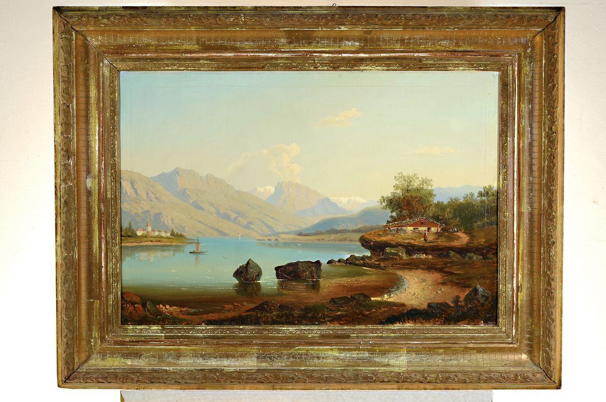 Detail k: Unbekannter Künstler, deutsch, 2. Hälfte 19. Jh., romantische Landschaft an einem See im Vorgebirge mit Bauernhaus und kleiner Stadt am anderen ...