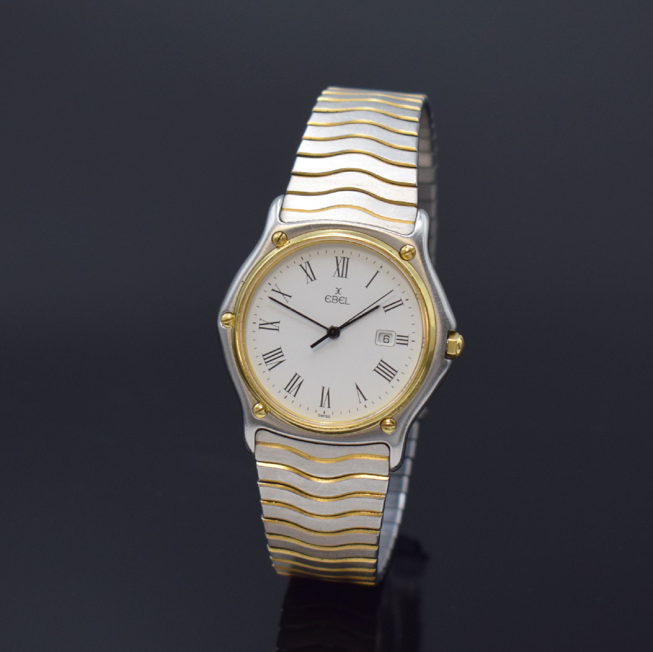 EBEL Sport Classique Armbanduhr Referenz 183903, Schweiz um 1985, quarz, Monocoque- Geh. in Edelstahl/Gold, Gliederband, weißes Zifferbl. m. röm. ...