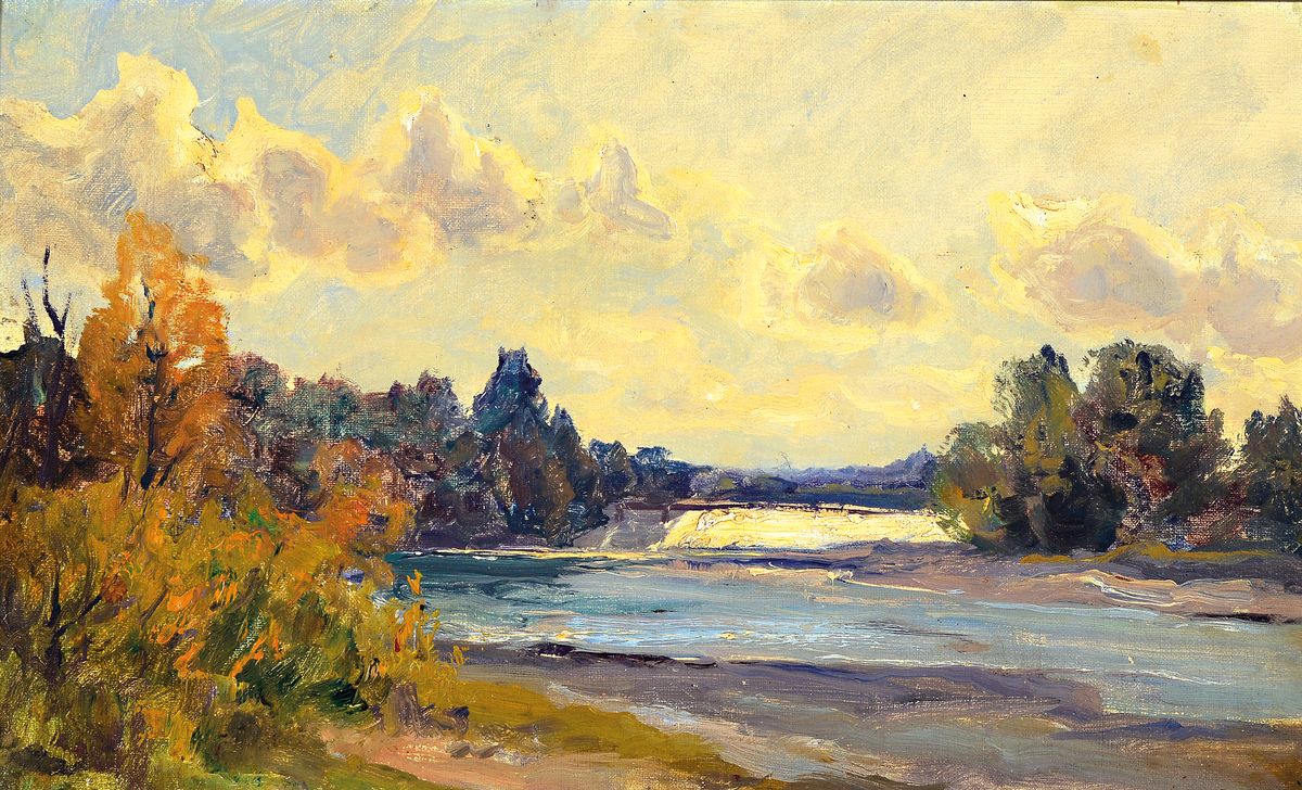 Zuschreibung: Paul Weber, 1823 Darmstadt - 1916 München, Landschaft mit Flusslauf und Staustufe, Öl/Malkarton, ca. 26x42 cm, R. ca. 34x50 cm