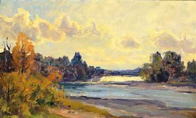 Image 26702359 - Attribution: Paul Weber, 1823 Darmstadt - 1916Munich, landscape with river and barrage, oil/painting board, approx. 26x42 cm, frame approx. 34x50 cm