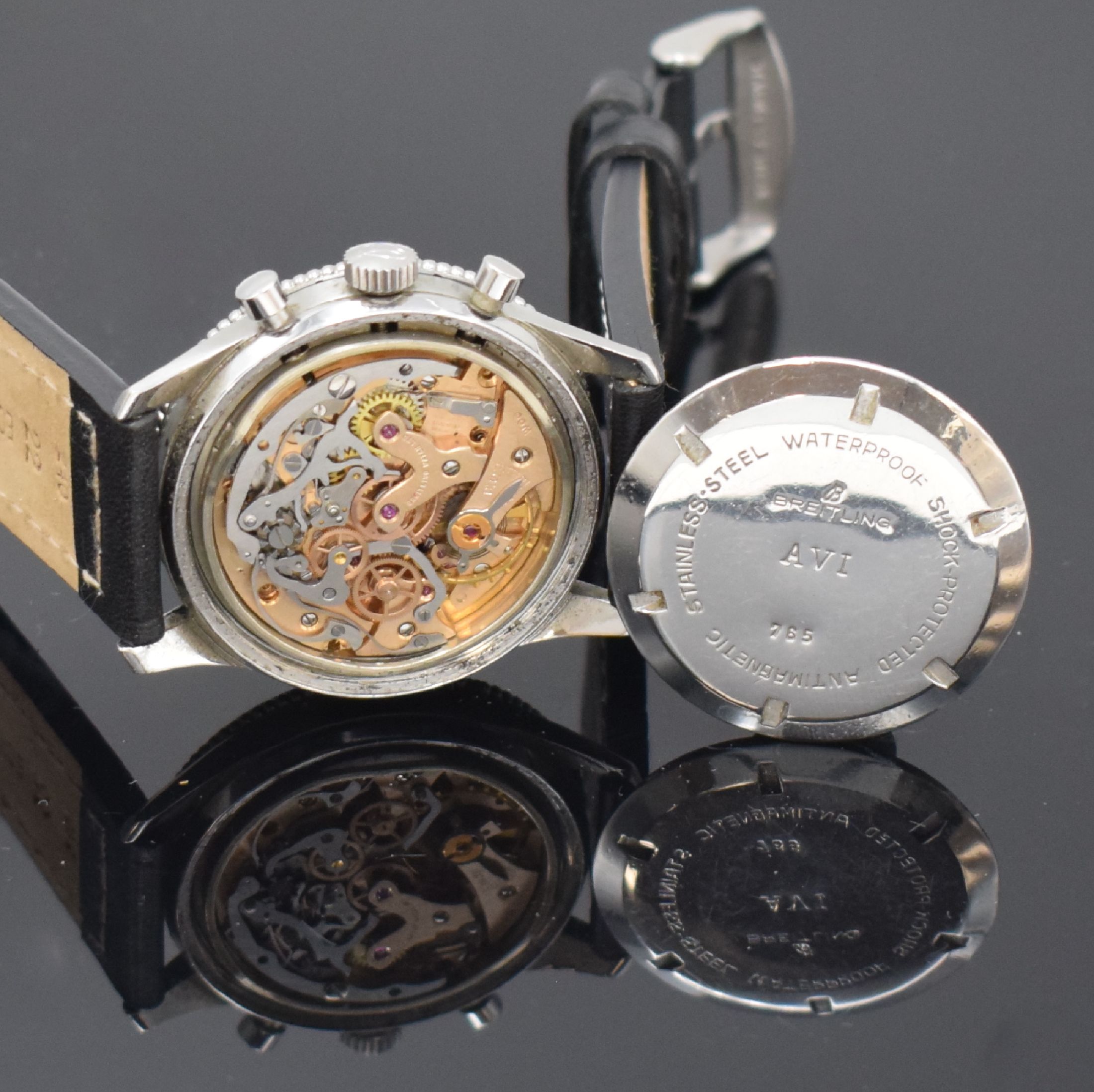 Detail e: BREITLING Co-Pilot Herrenarmbanduhr mit Chronograph Referenz 765 AVI in Stahl, Schweiz um 1960, Handaufzug, 2-teil. Geh., Boden geschr., beids. ...