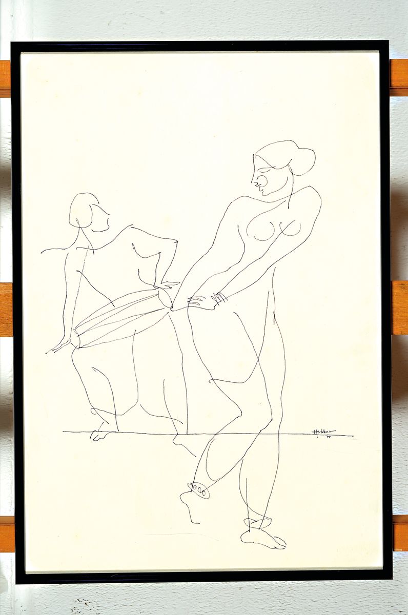 Kattingeri Krishna Hebbar, 1911 - 1996, große Zeichnung, Tänzerin mit Musikant, signiert und dat. 42, Tusche/Papier, Papier mit l. Altersspuren, ...