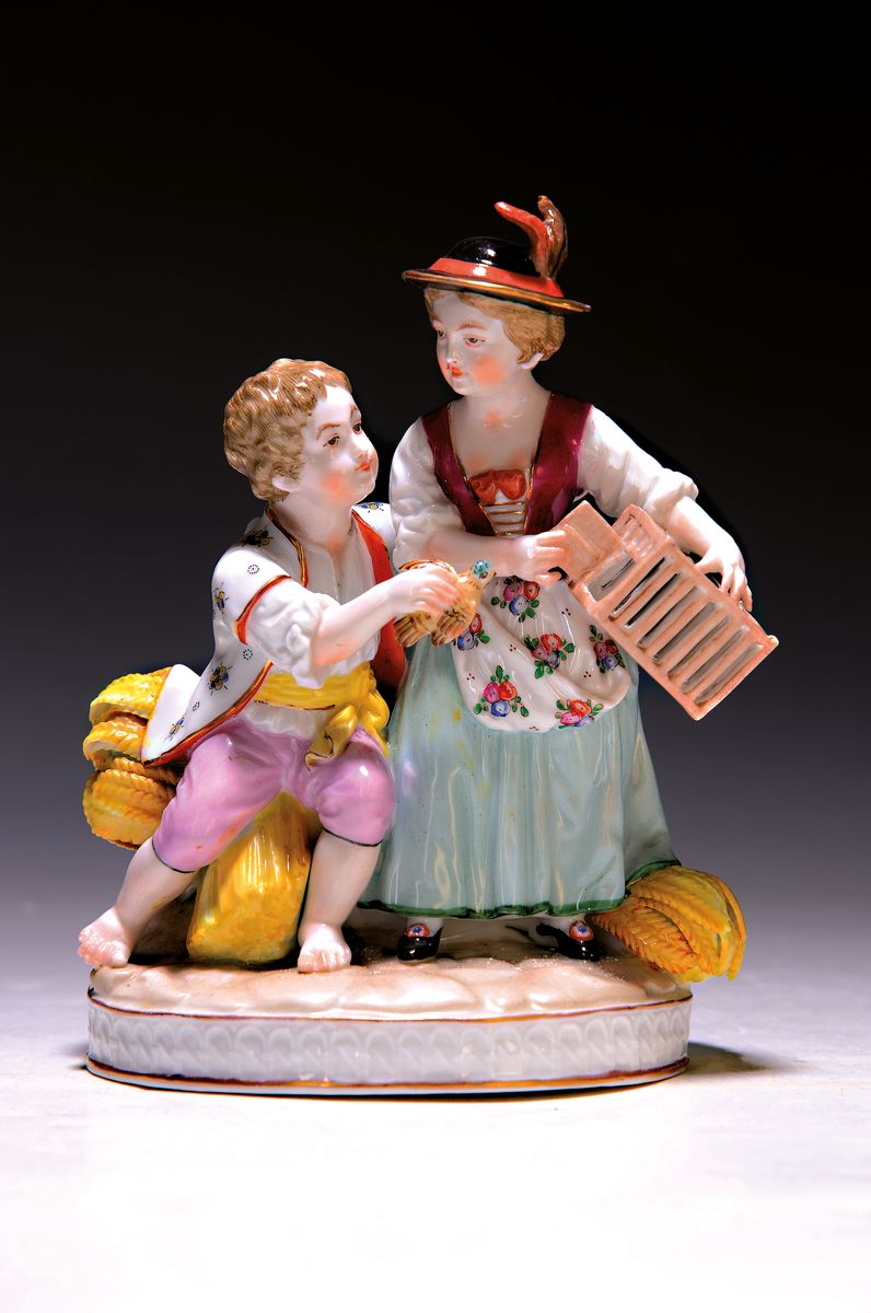 Porzellanfigur, Volkstedt, um 1900, Mädchen und Junge mit Vogel und Käfig, bunt bemalt, H. ca. 17cm