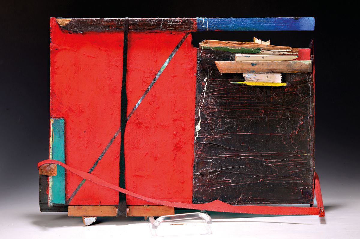 Oliver Herring, geb. 1964, American Series Nr. 1, painting Nr. 10, rückseitig so betitelt und dat. 1989, Collage aus Holz, Lwd und Farben, ca. ...